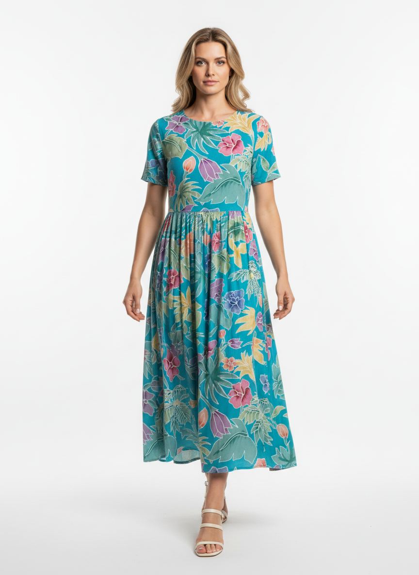 Vintage Tropical Floral Midi Dress