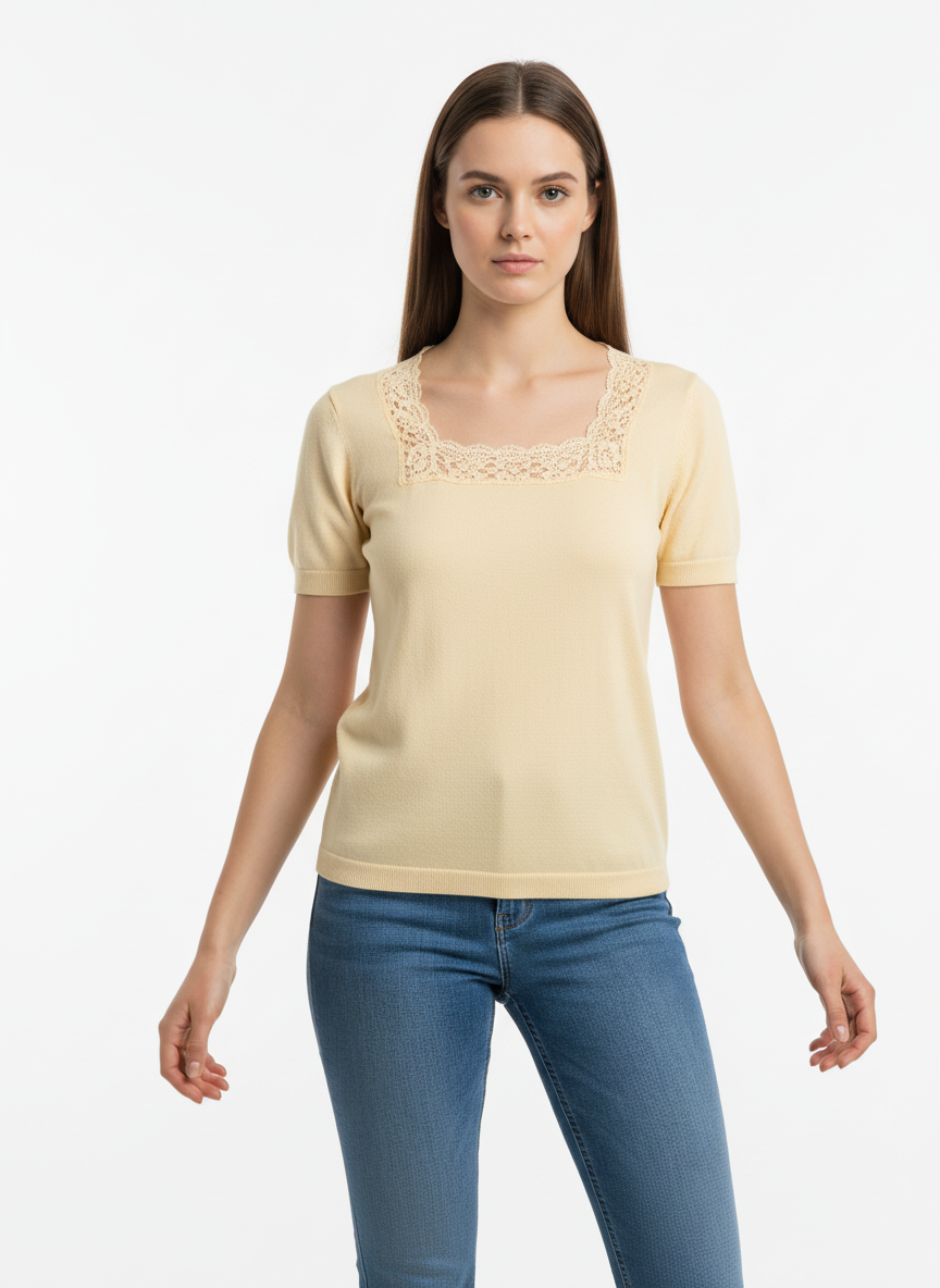 Vintage Buttercream Lace Trim Knit Top