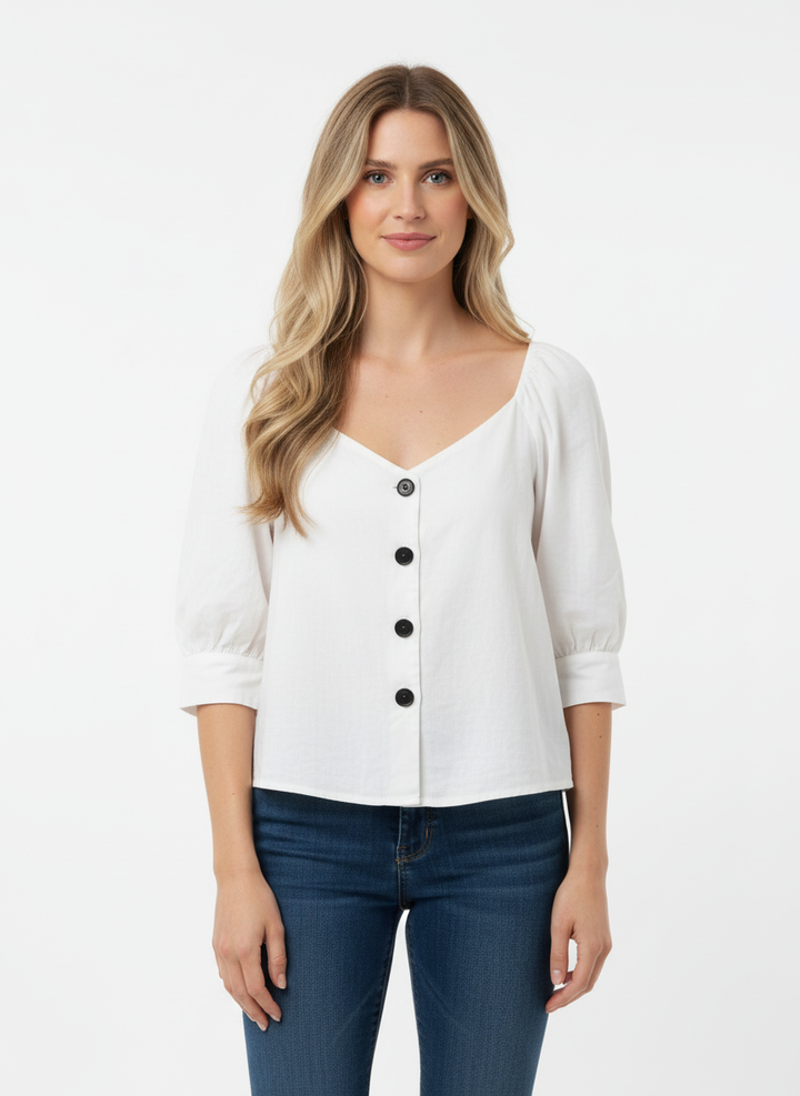 Zara TRF Linen Blend Puff Sleeve Blouse