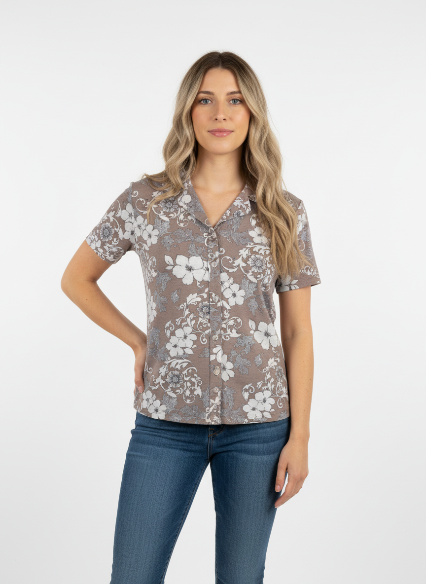 Vintage Taupe Floral Button Blouse