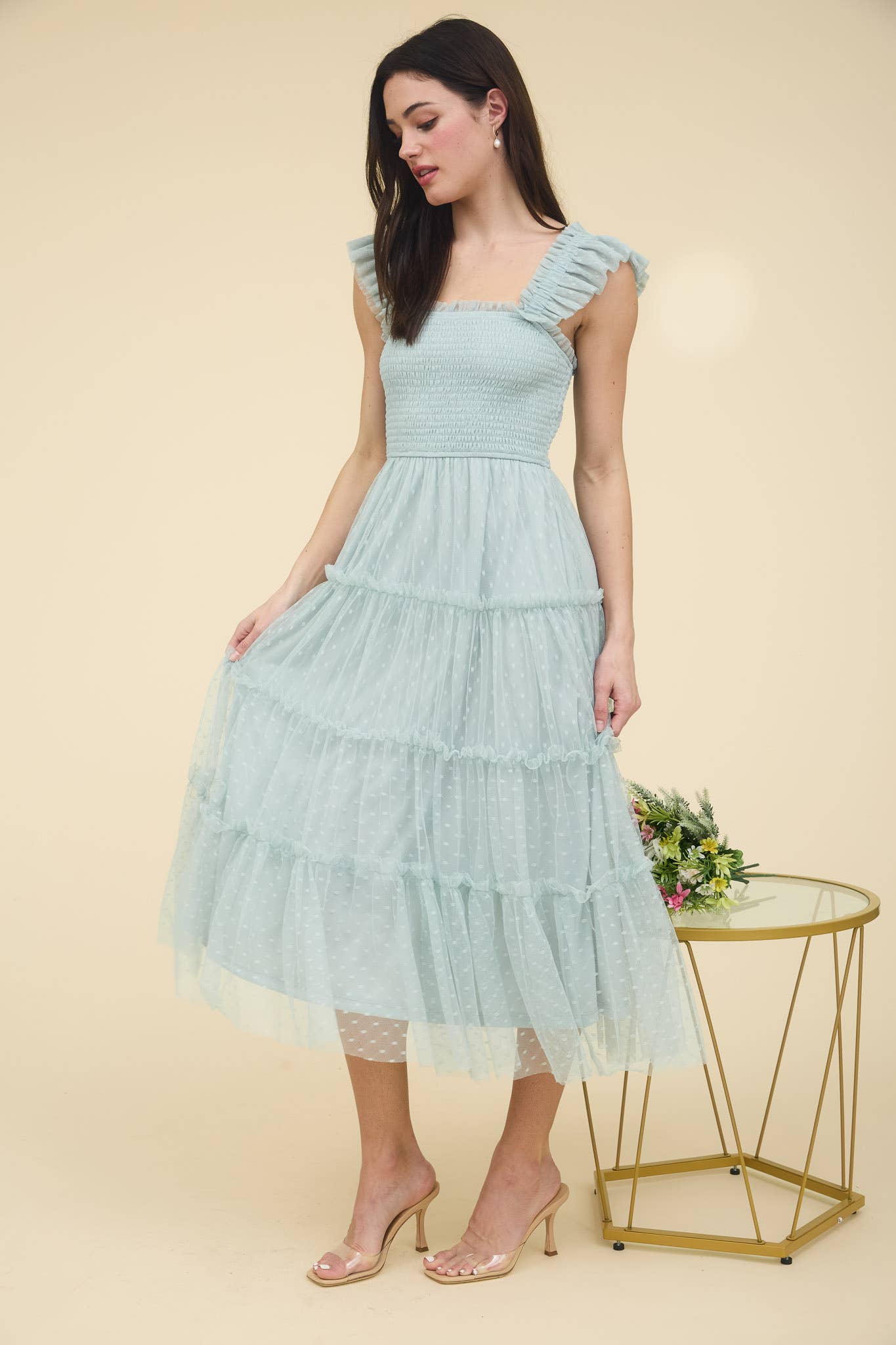 Polka Dot Chiffon Tiered Dress | Sage
