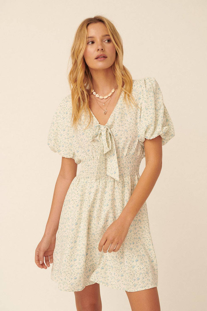 Floral V Neck Tie Puff Sleeve Smock Mini Dress