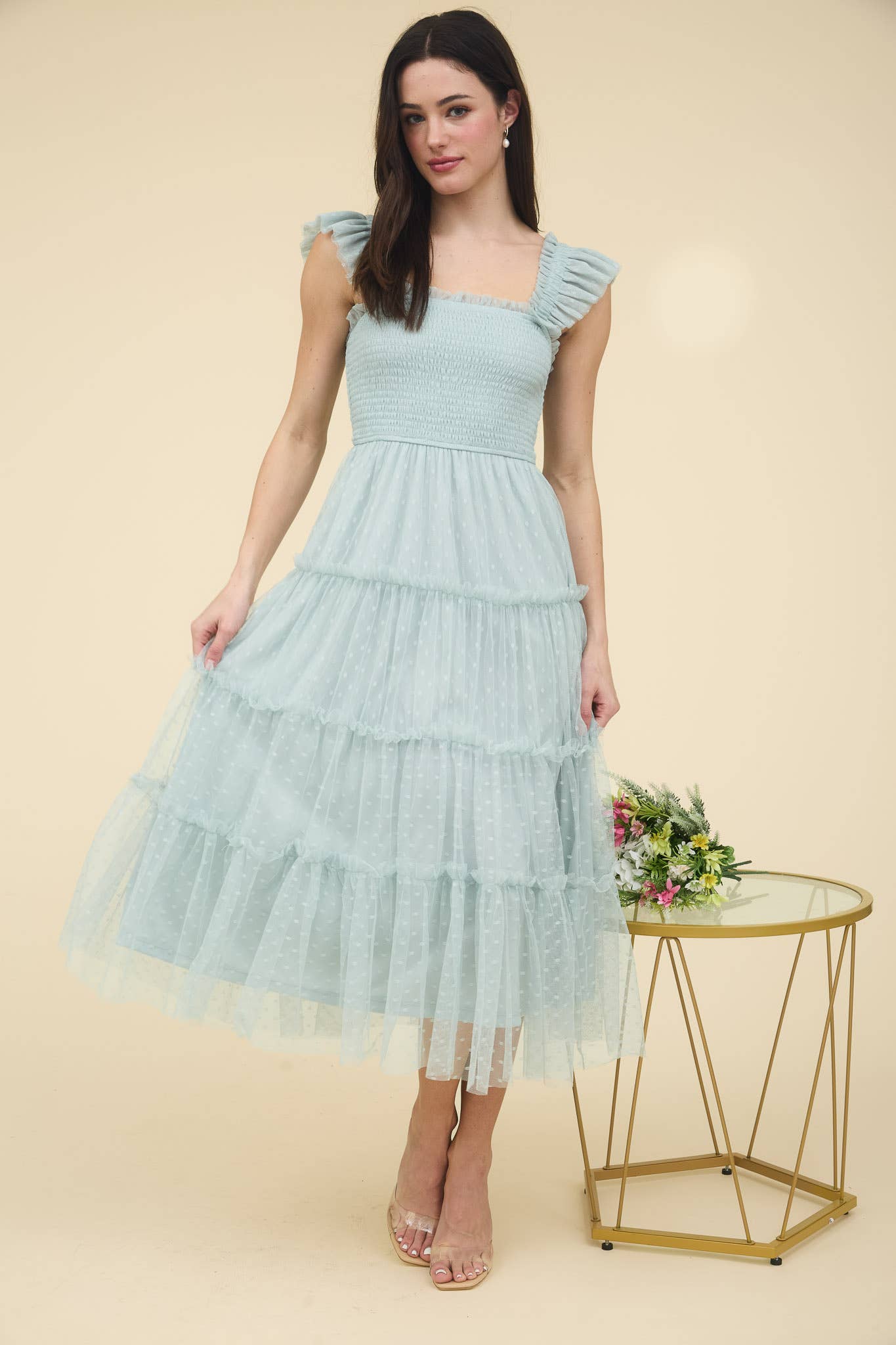 Polka Dot Chiffon Tiered Dress | Sage