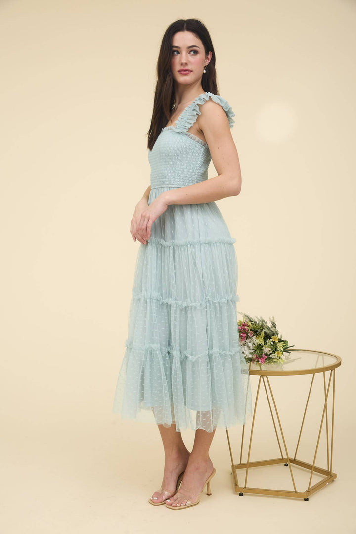 Polka Dot Chiffon Tiered Dress | Sage