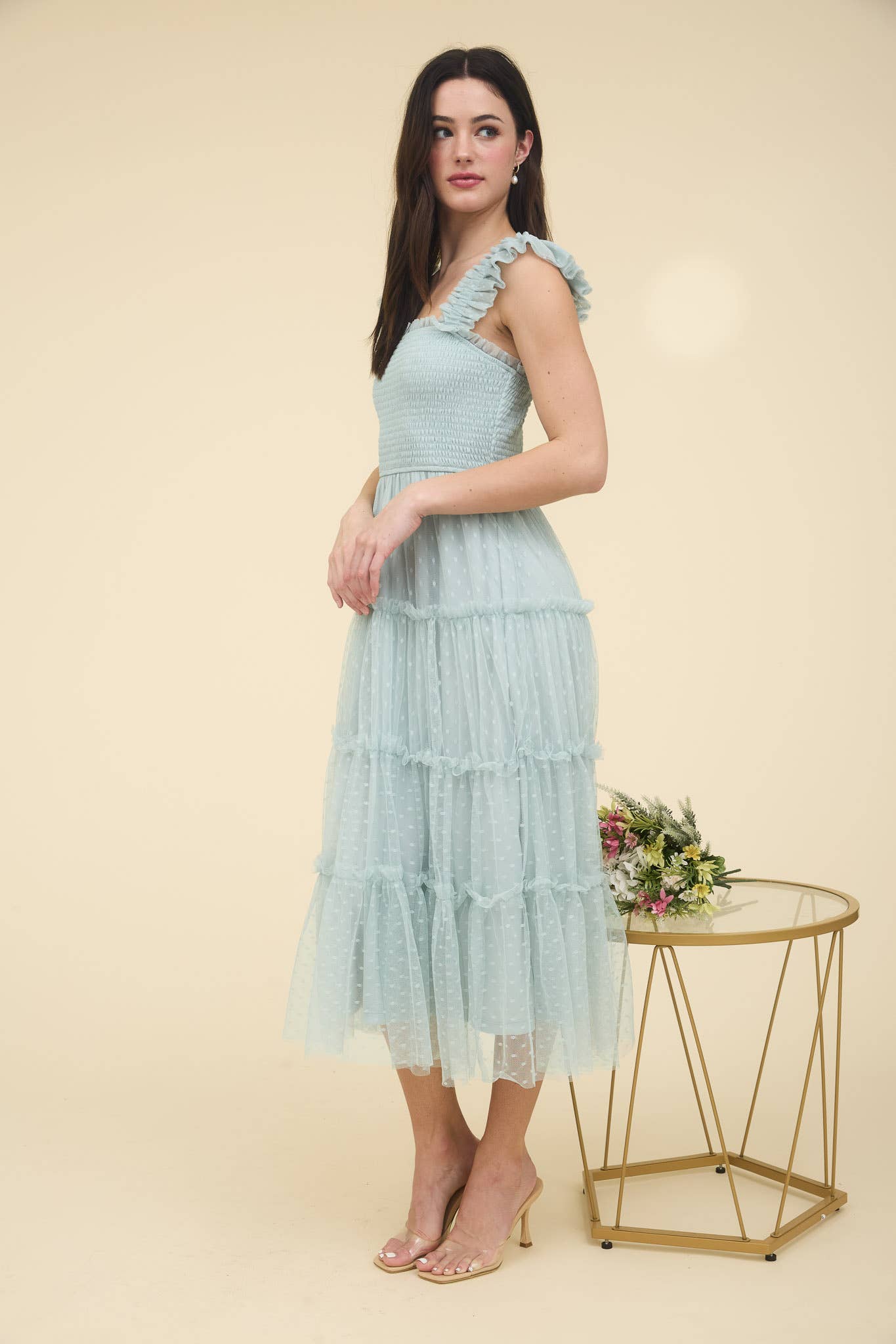 Polka Dot Chiffon Tiered Dress | Sage