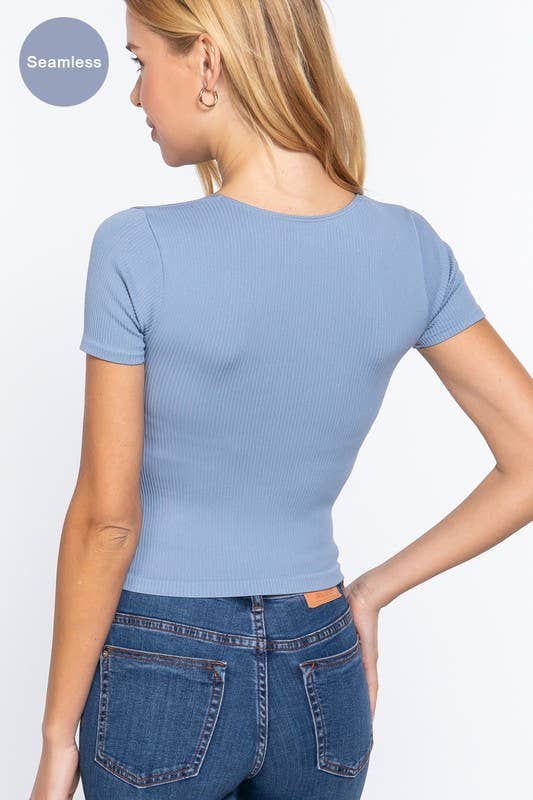 Short Sleeve V-neck Bust Line Detail Seamless Rib Top