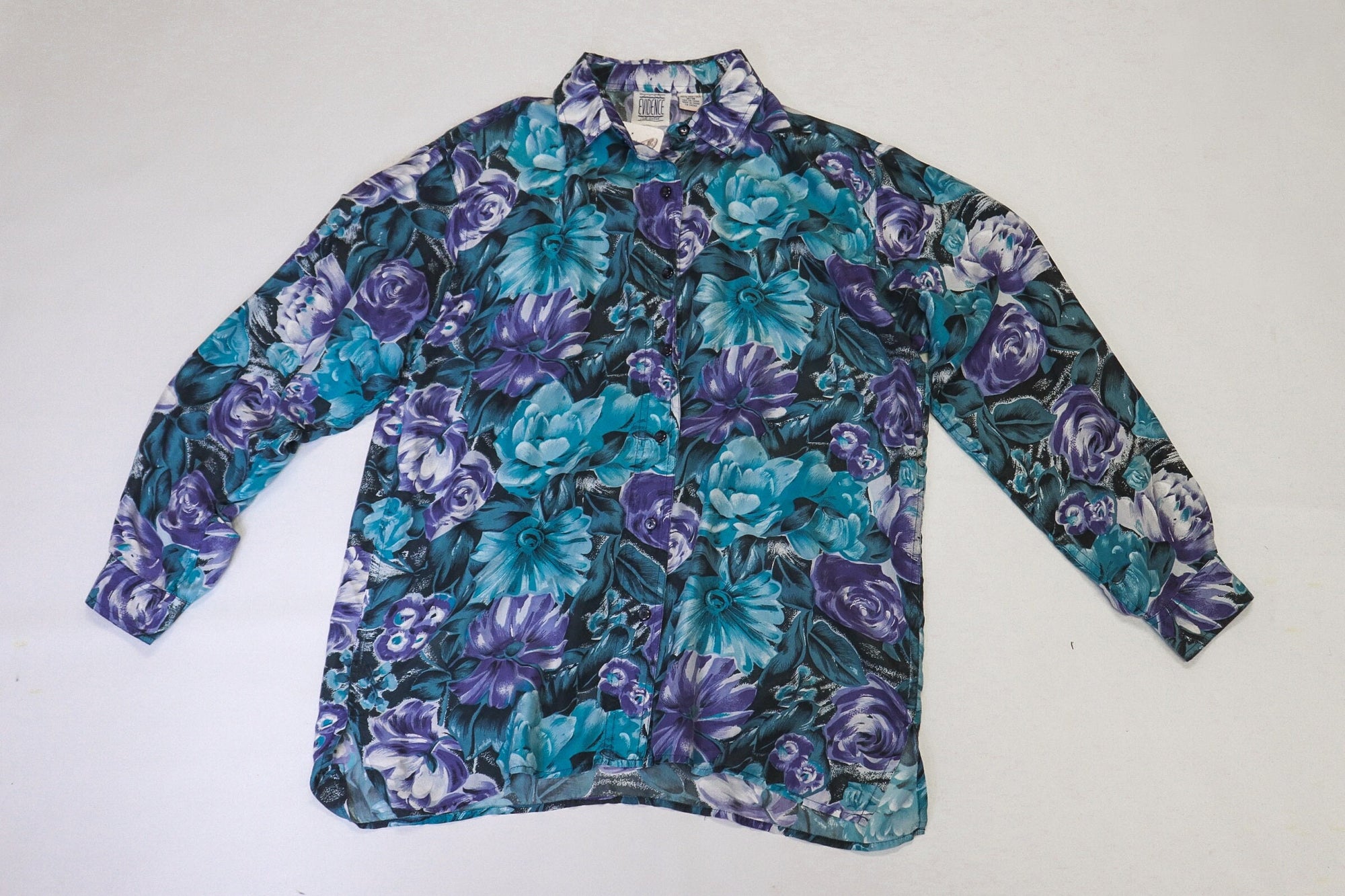 Vintage 80s Blue Silk Flowery Button Up Shirt