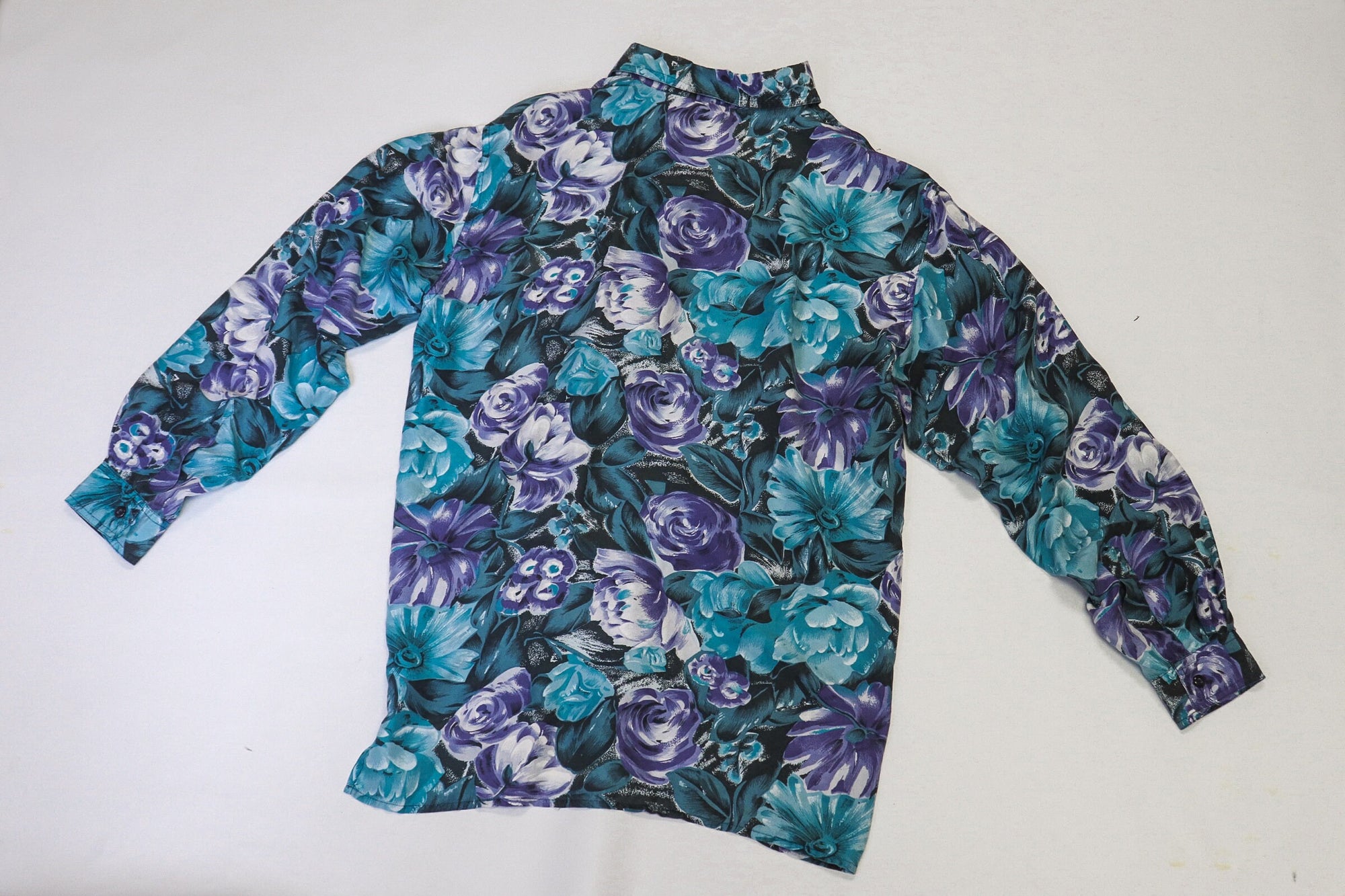 Vintage 80s Blue Silk Flowery Button Up Shirt