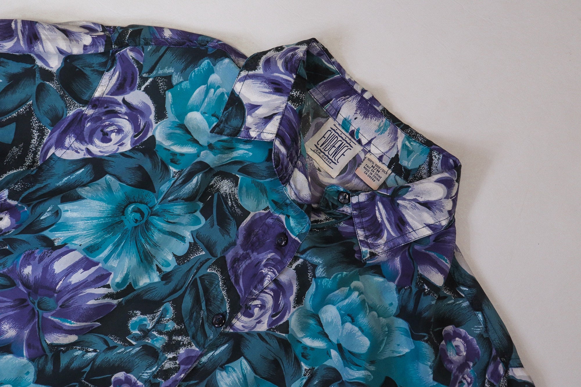 Vintage 80s Blue Silk Flowery Button Up Shirt