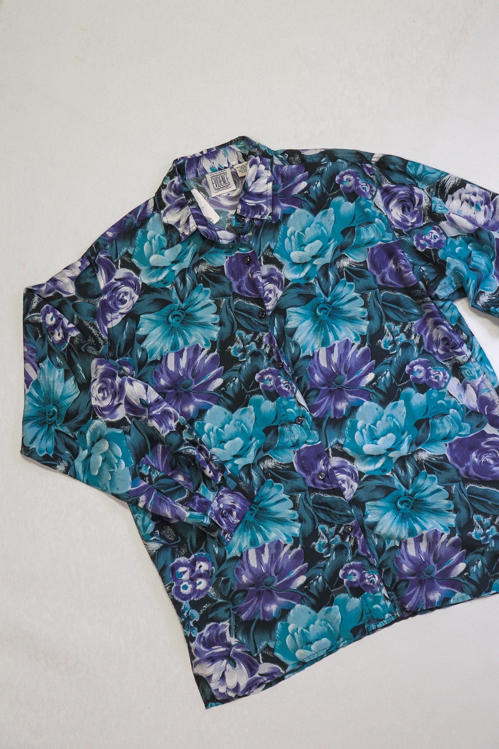 Vintage 80s Blue Silk Flowery Button Up Shirt