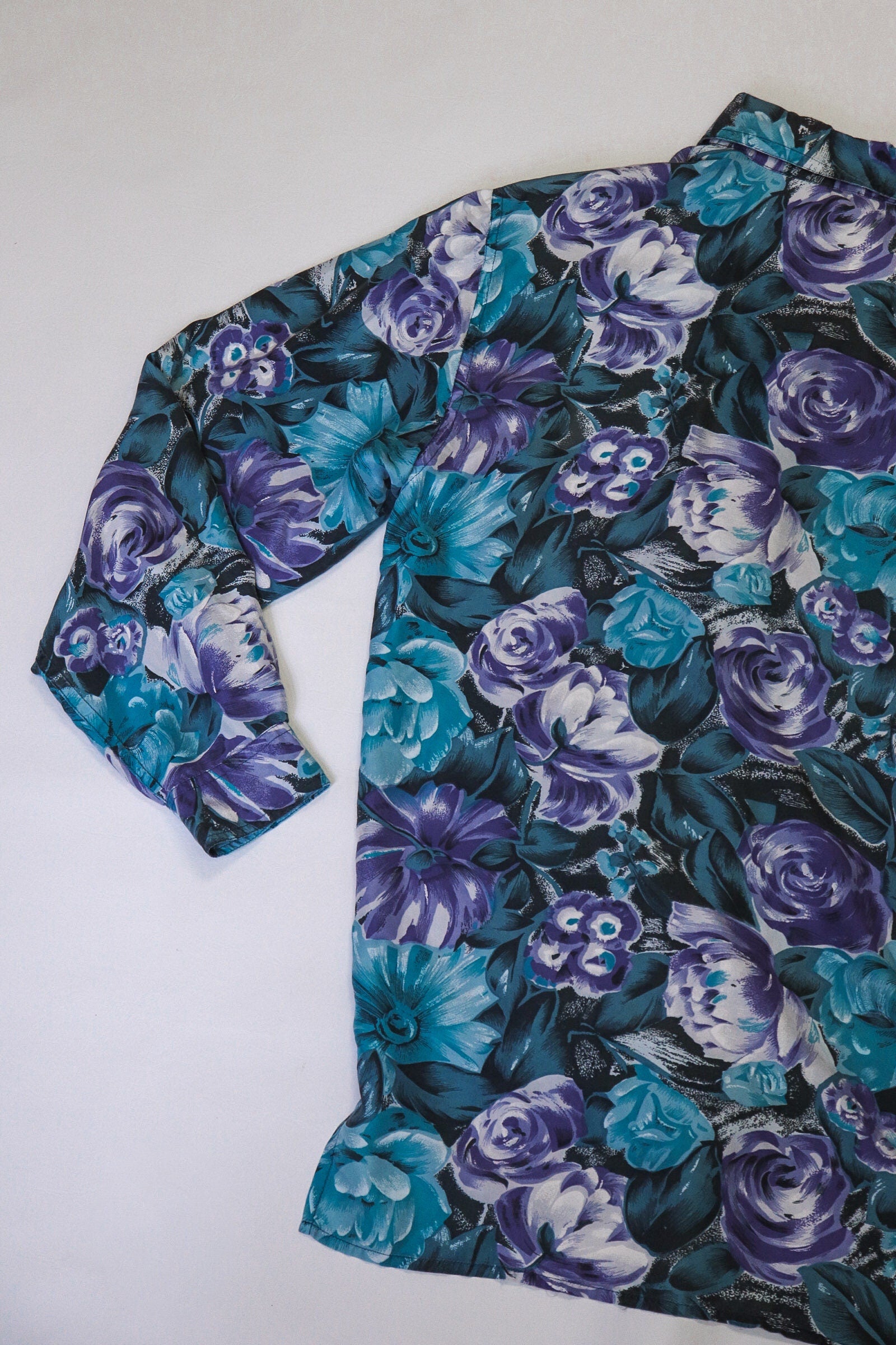 Vintage 80s Blue Silk Flowery Button Up Shirt