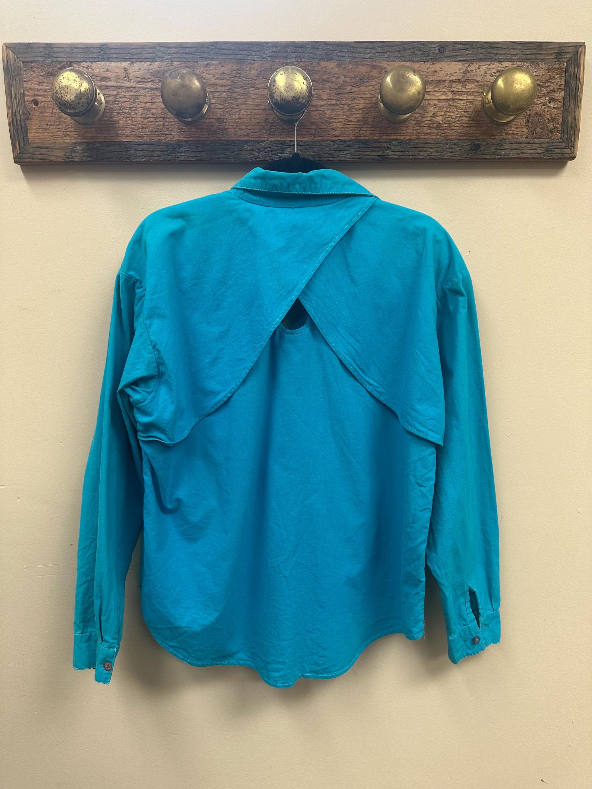 Vintage 80s Blue Western Shirt with Back Cut Out and Embroidery