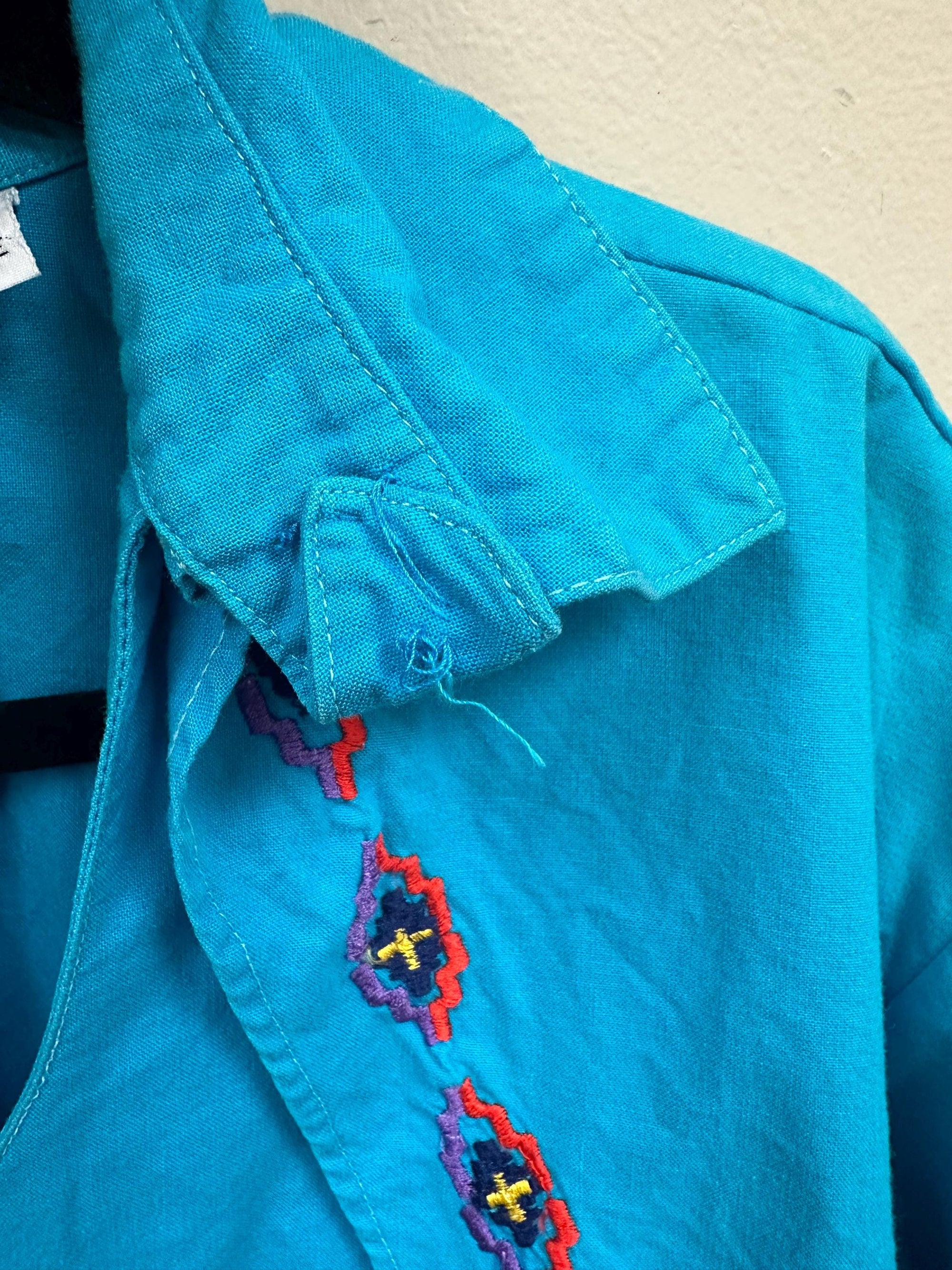 Vintage 80s Blue Western Shirt with Back Cut Out and Embroidery