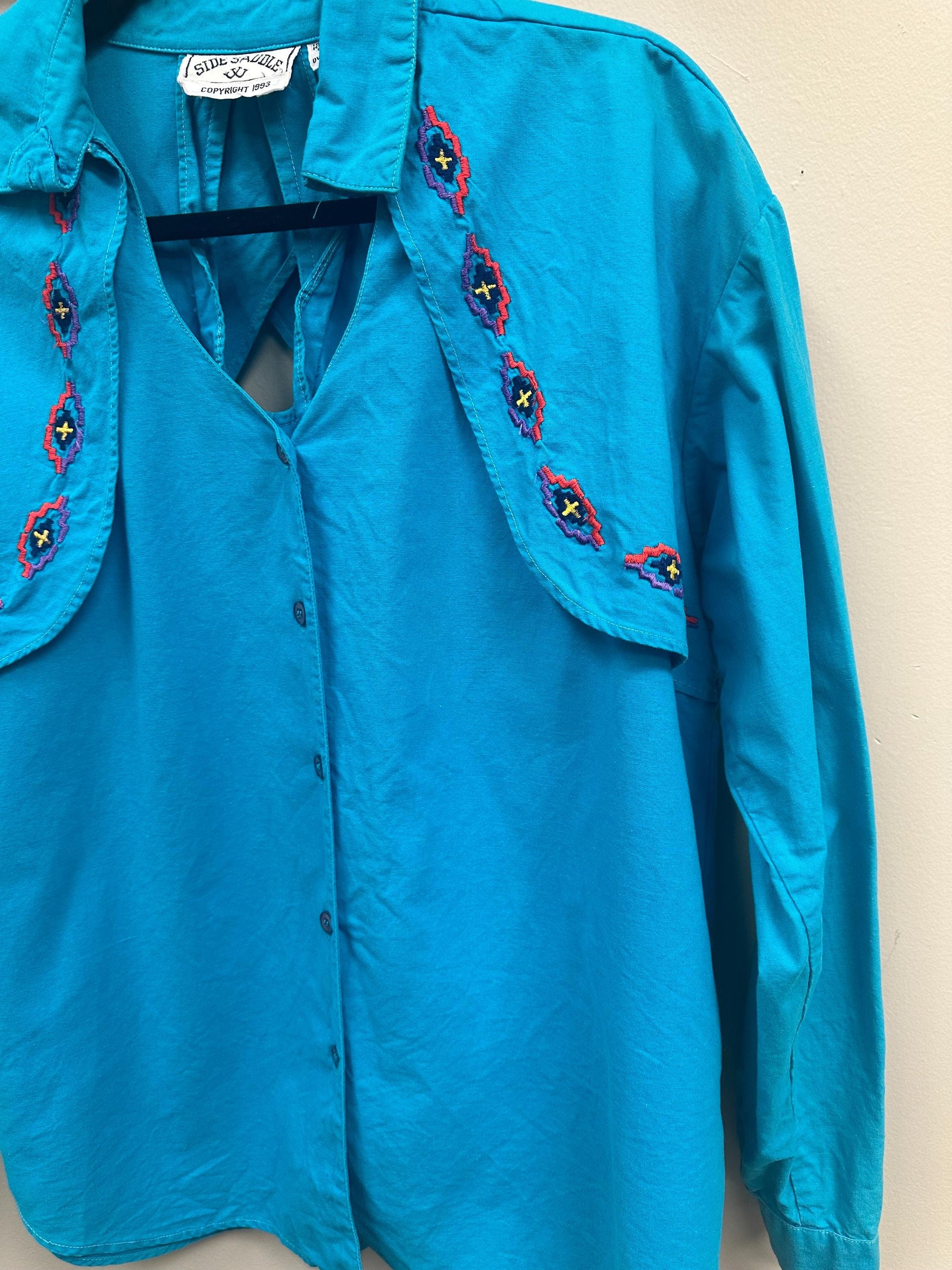 Vintage 80s Blue Western Shirt with Back Cut Out and Embroidery