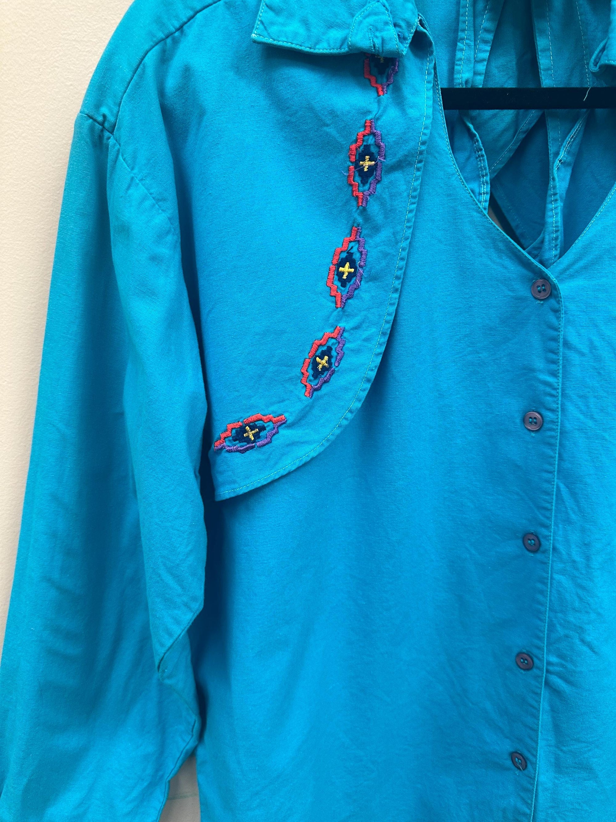 Vintage 80s Blue Western Shirt with Back Cut Out and Embroidery