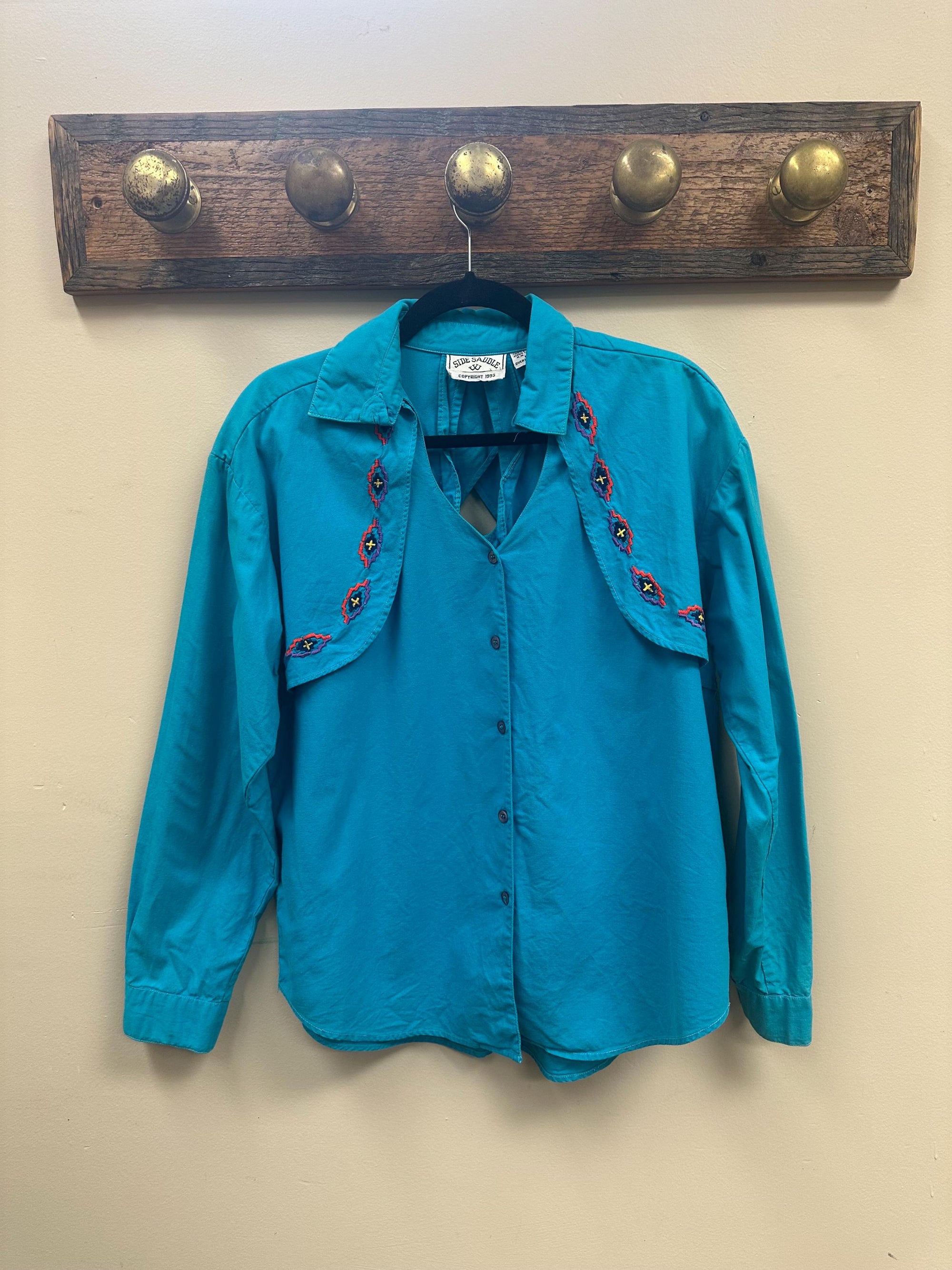 Vintage 80s Blue Western Shirt with Back Cut Out and Embroidery