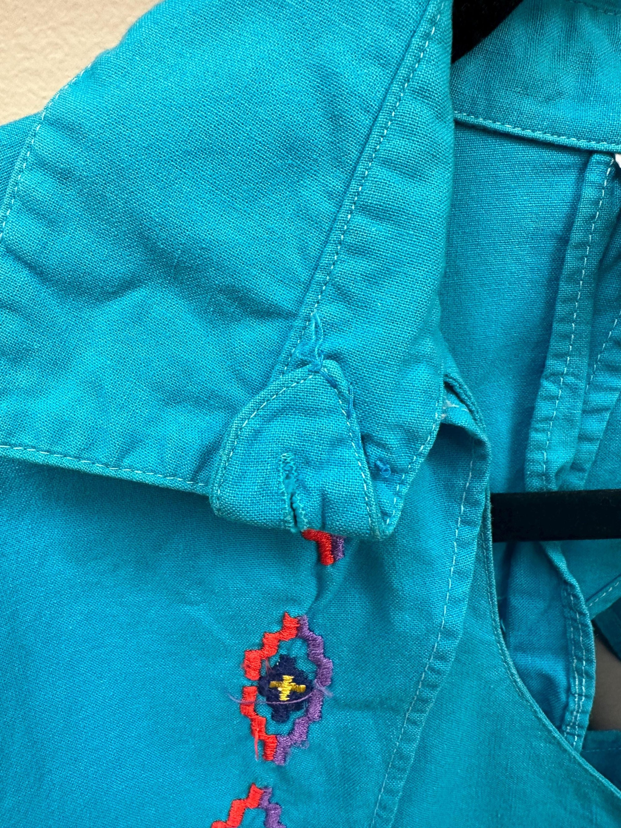 Vintage 80s Blue Western Shirt with Back Cut Out and Embroidery