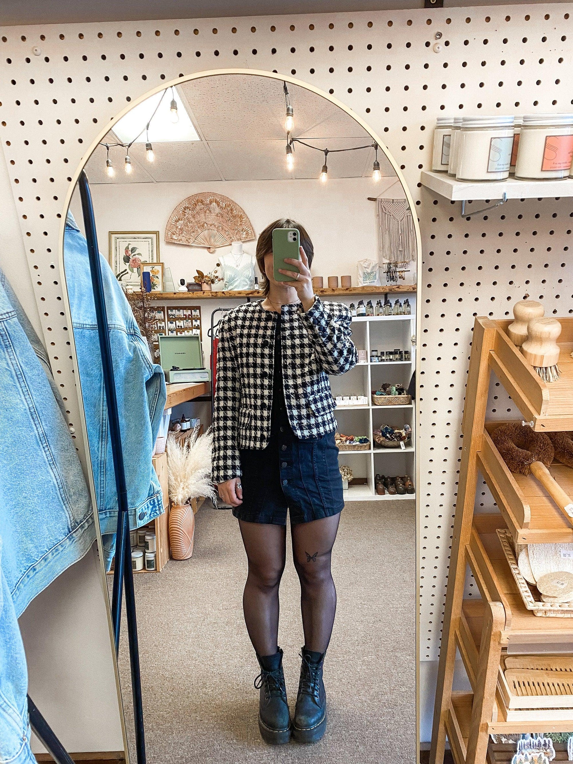 Vintage 80s Black and White Cropped Checkered Clueless Jacket