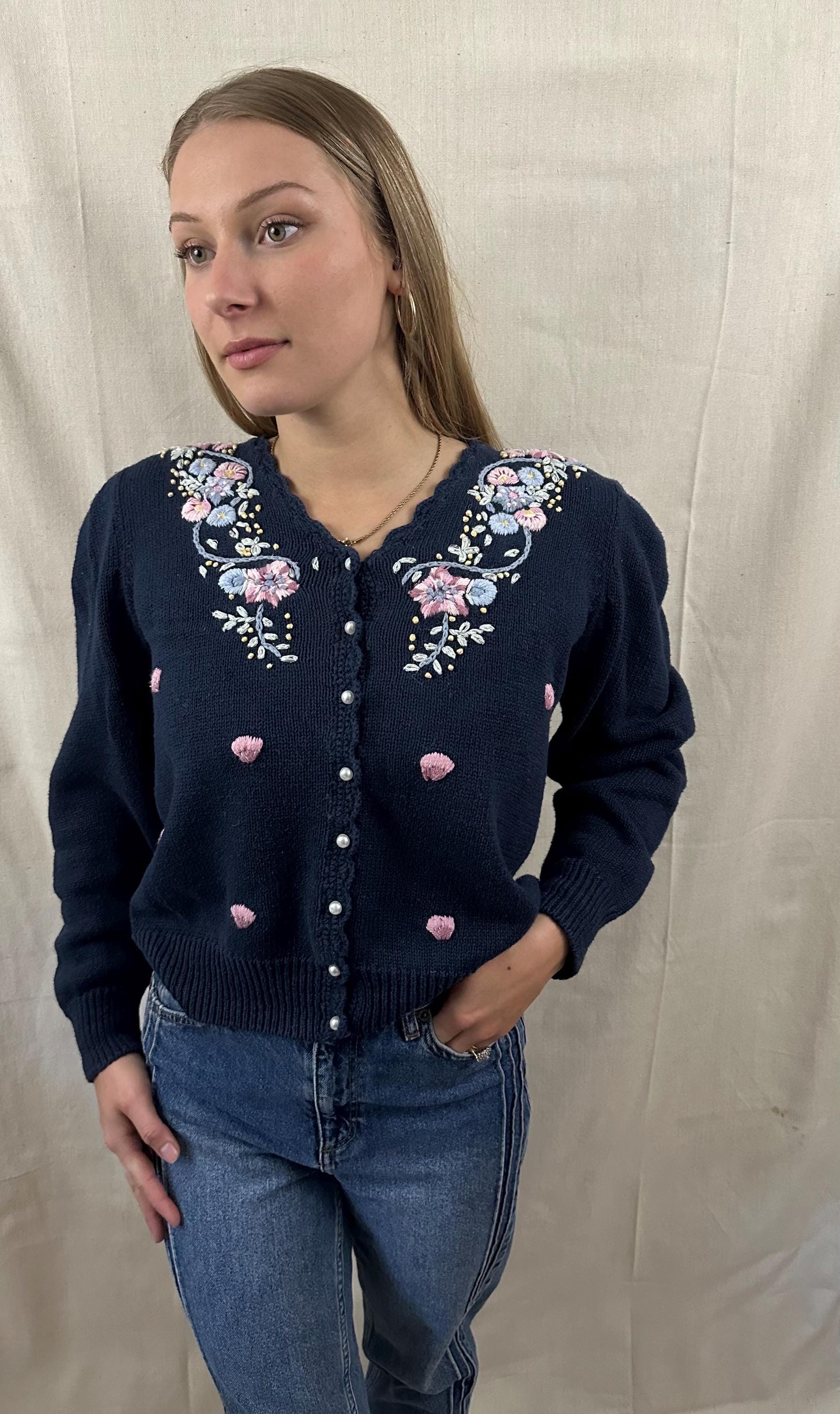 Vintage 80s Navy Flower Embroidered Button Up Cardigan Sweater