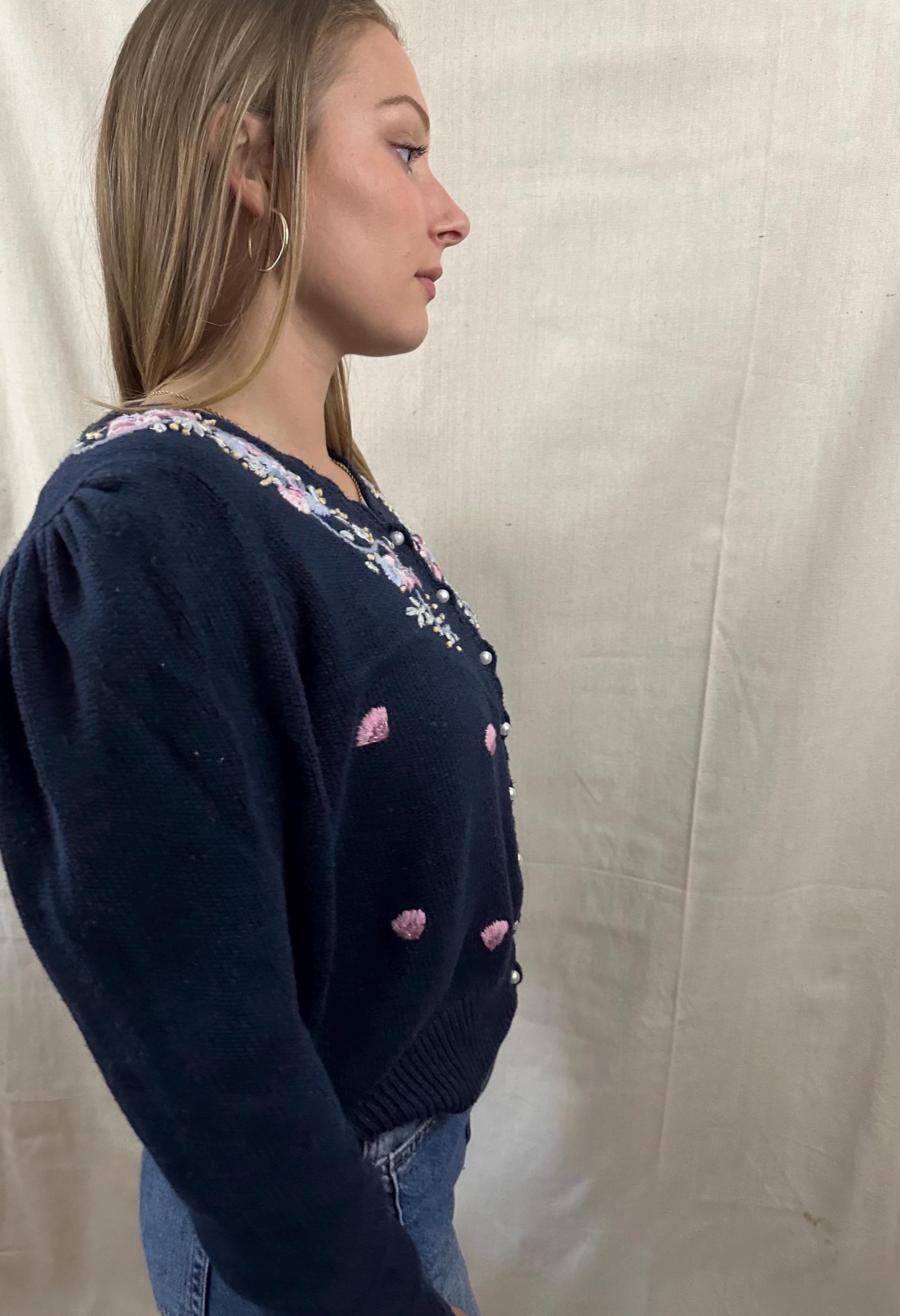 Vintage 80s Navy Flower Embroidered Button Up Cardigan Sweater