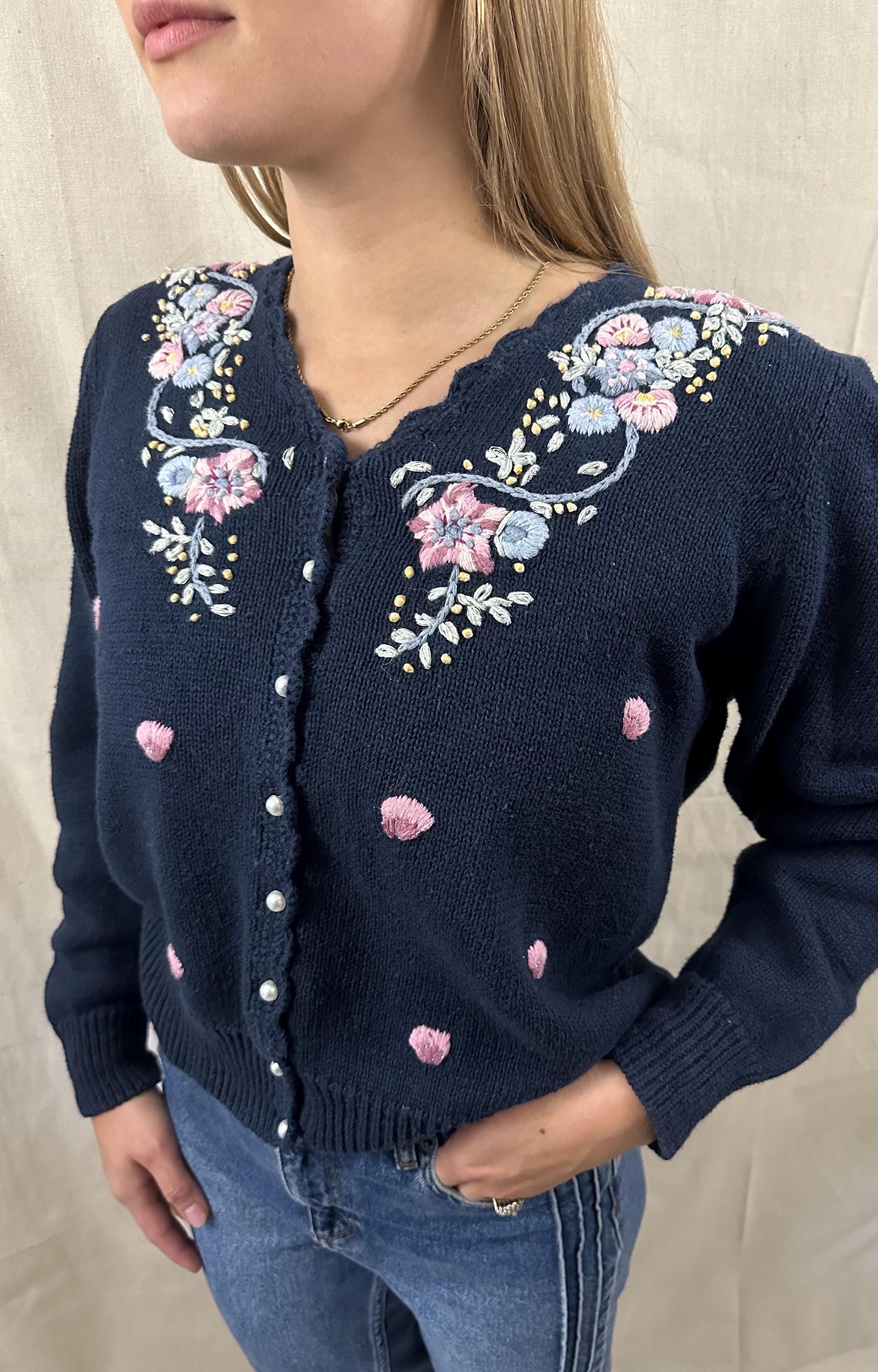 Vintage 80s Navy Flower Embroidered Button Up Cardigan Sweater