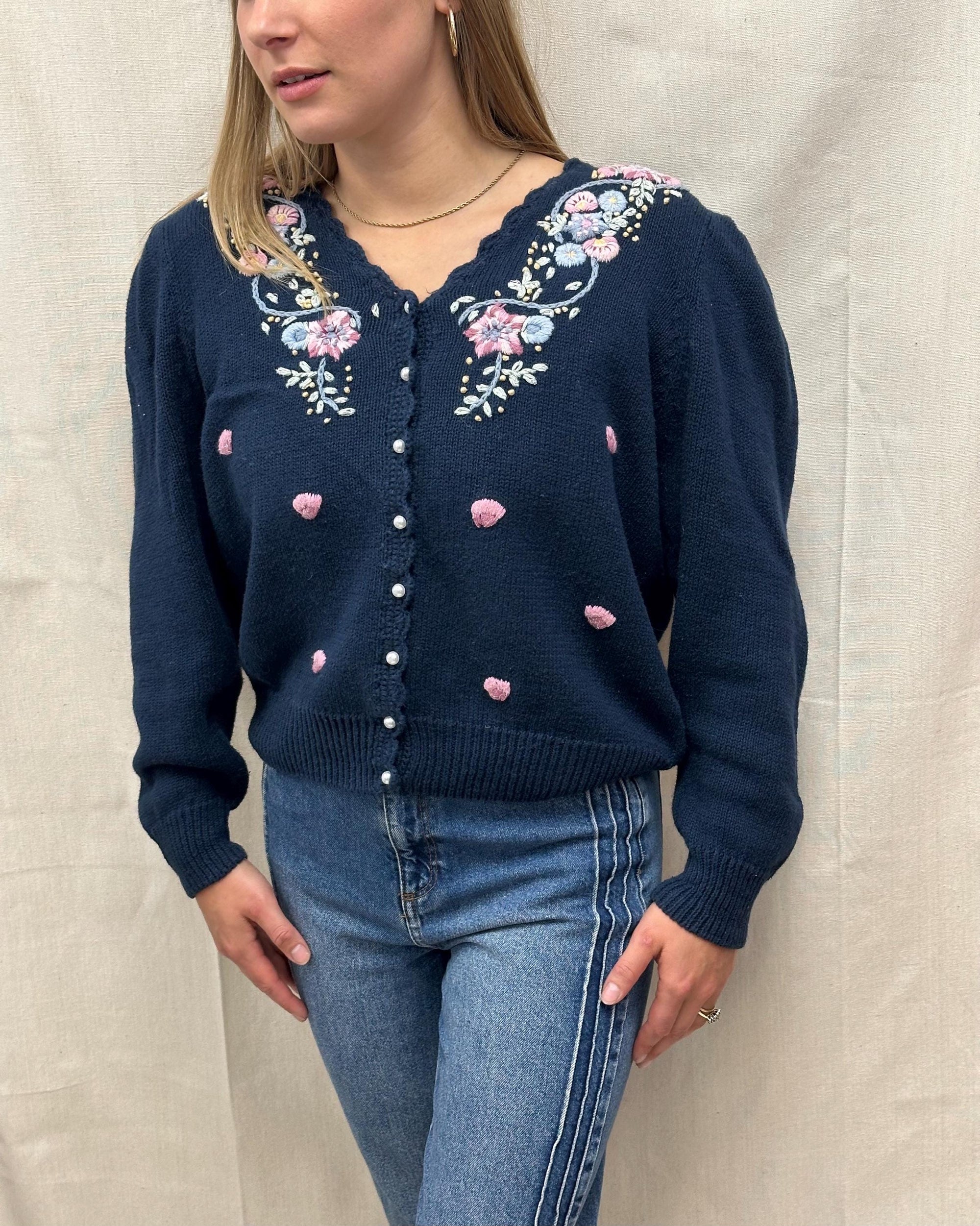 Vintage 80s Navy Flower Embroidered Button Up Cardigan Sweater