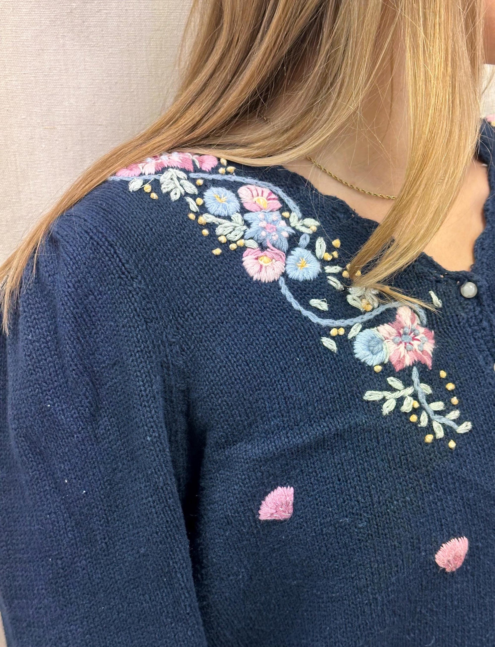 Vintage 80s Navy Flower Embroidered Button Up Cardigan Sweater