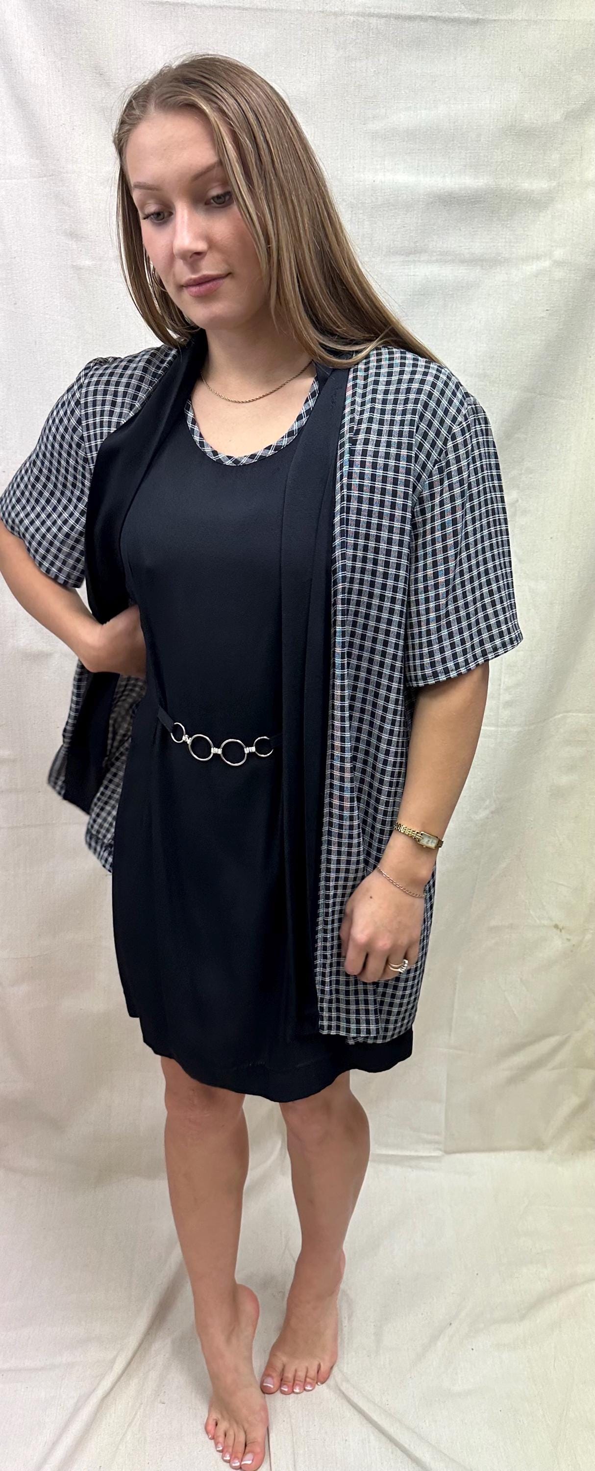 Vintage 90s Two Piece Black Dress With Plaid Cover Up