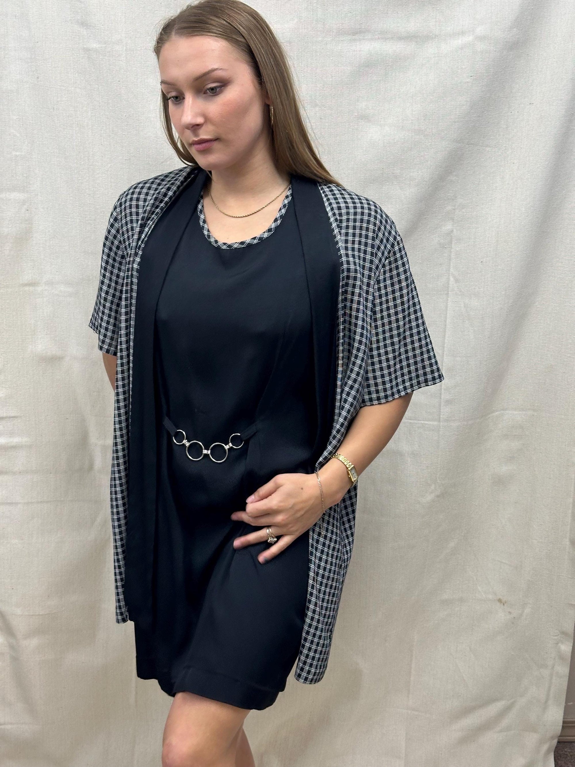 Vintage 90s Two Piece Black Dress With Plaid Cover Up