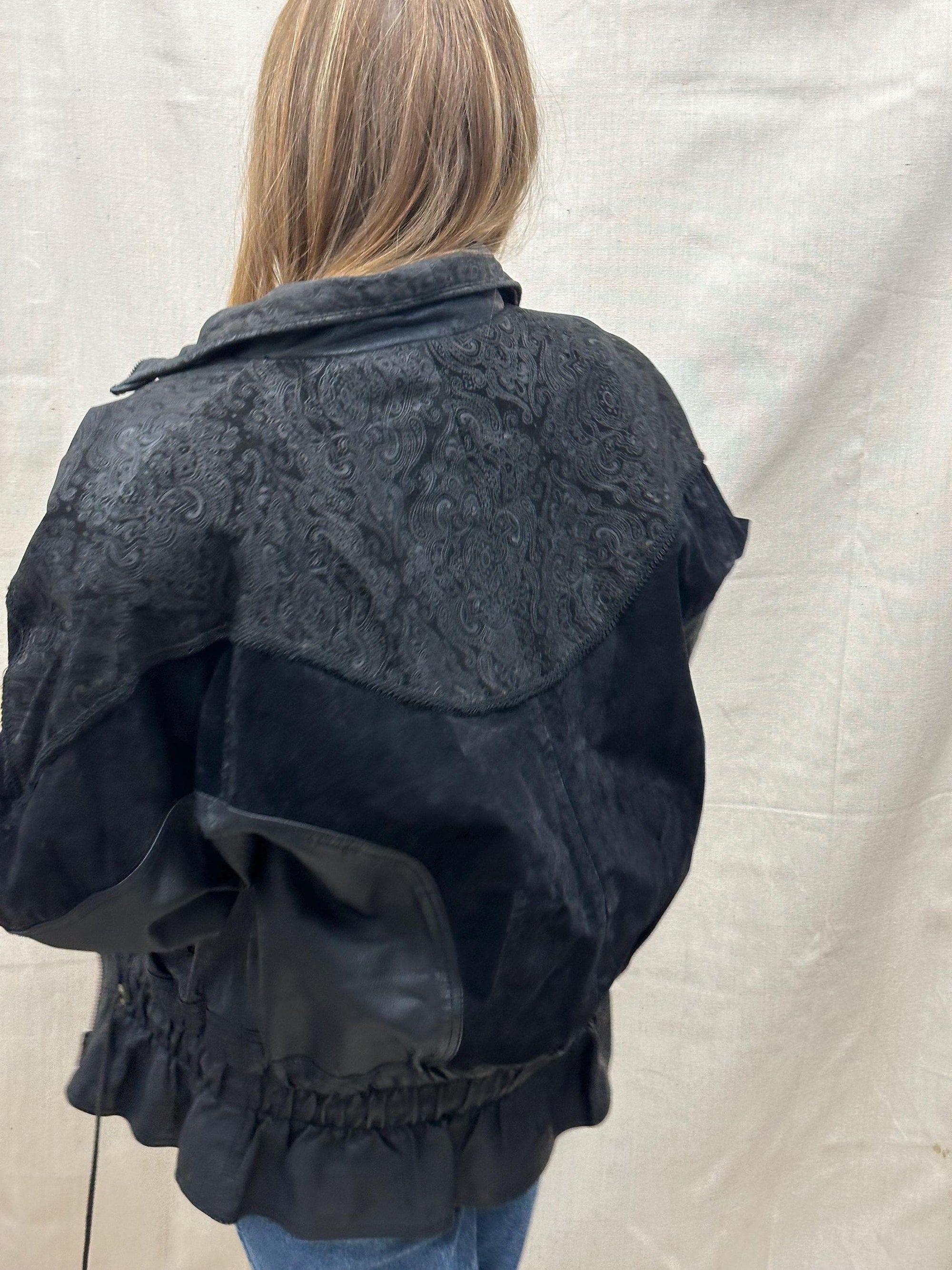 Vintage 80s Black Paisley Leather Suede Bomber Jacket