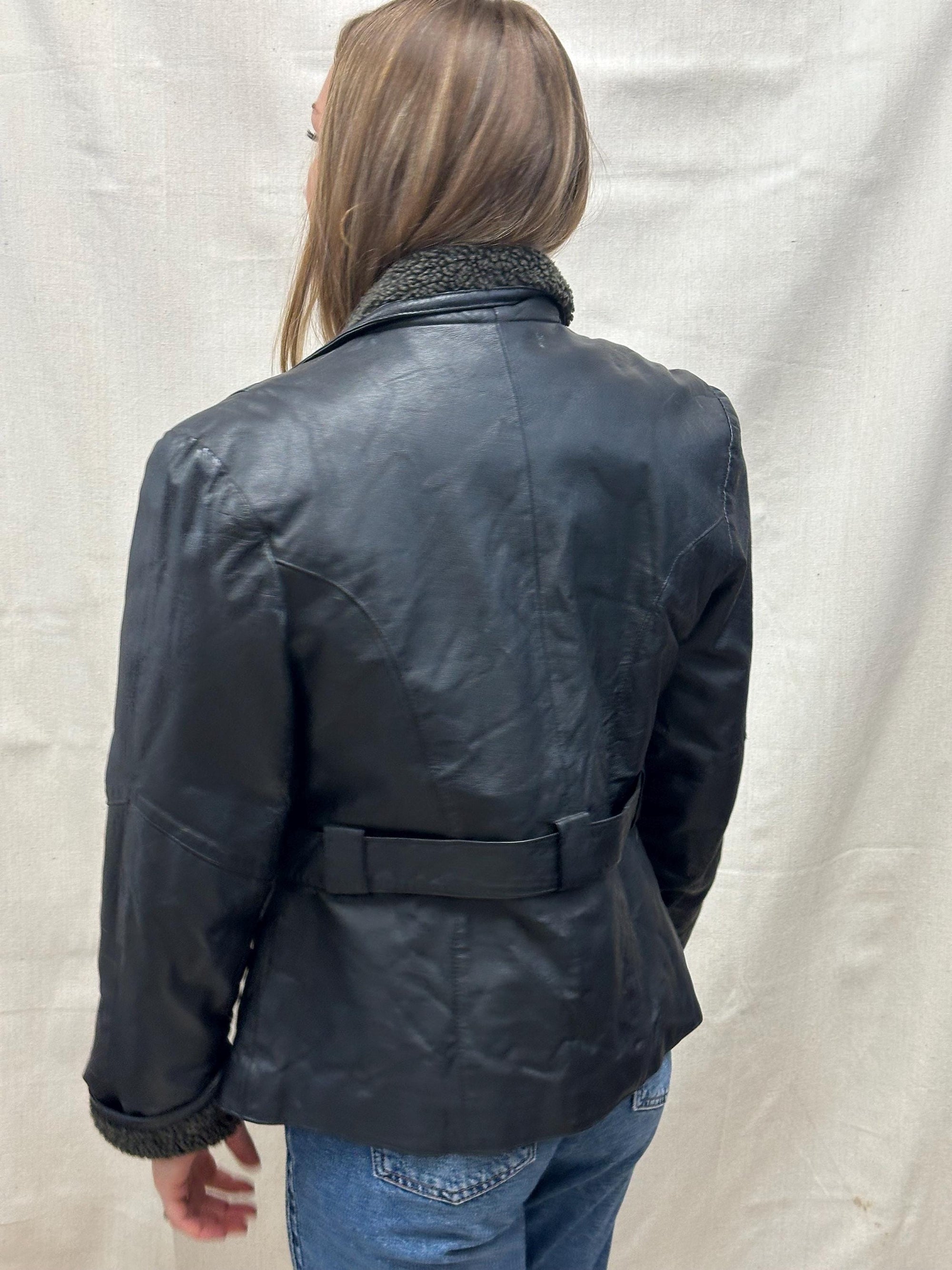 Vintage 90s Black Collared Belted Waist Leatber Jacket