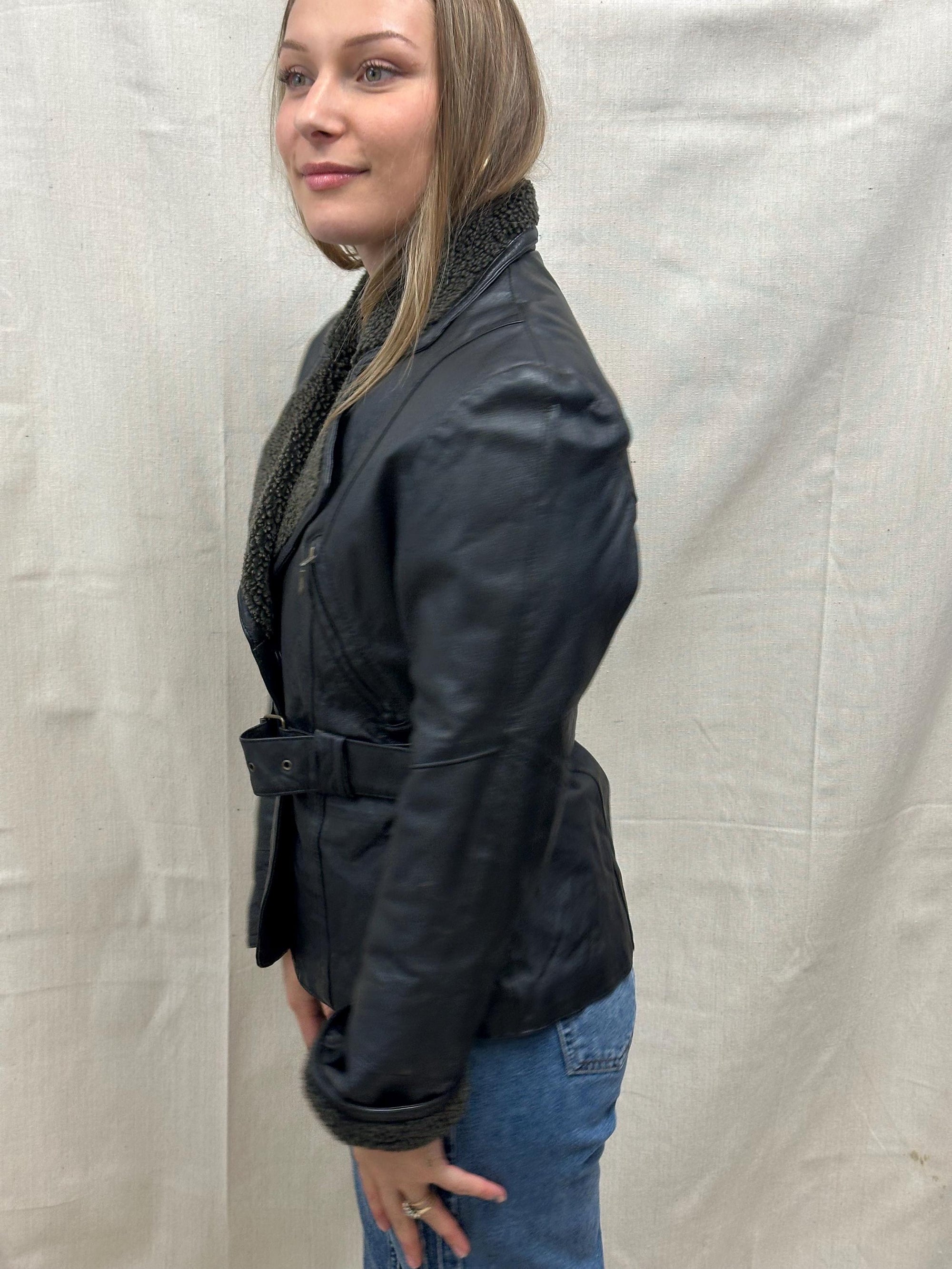 Vintage 90s Black Collared Belted Waist Leatber Jacket