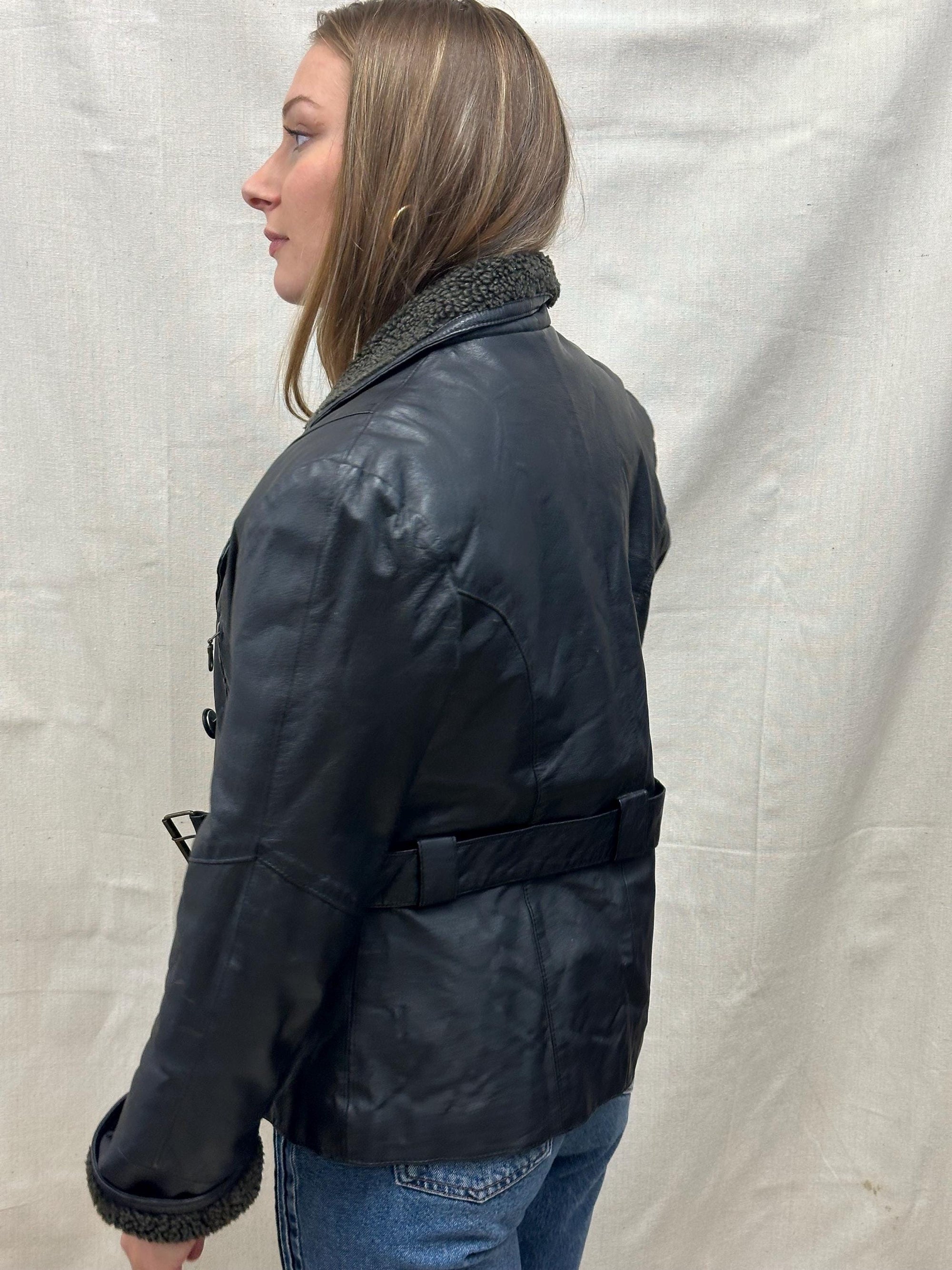 Vintage 90s Black Collared Belted Waist Leatber Jacket