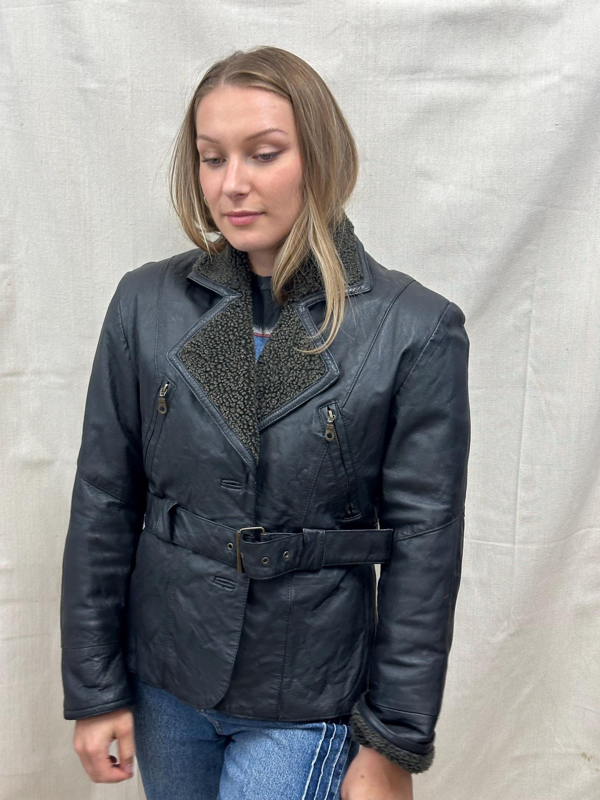 Vintage 90s Black Collared Belted Waist Leatber Jacket