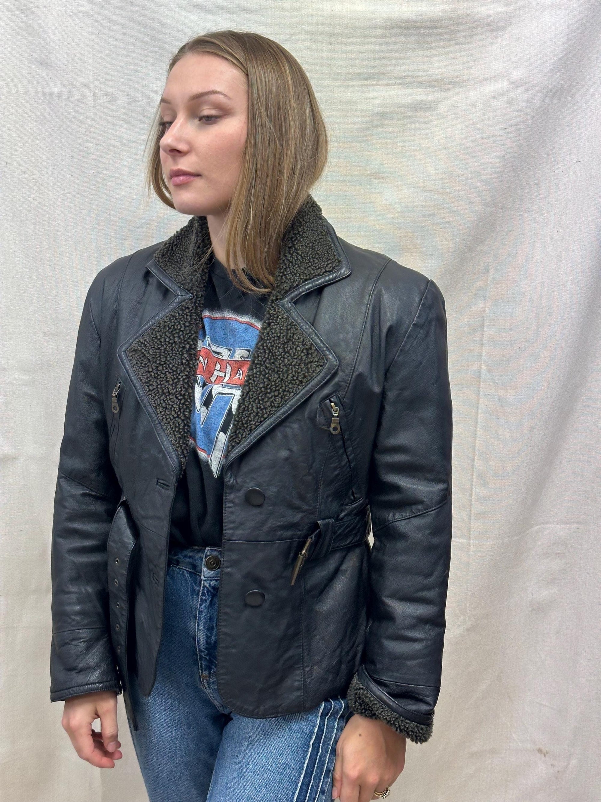 Vintage 90s Black Collared Belted Waist Leatber Jacket