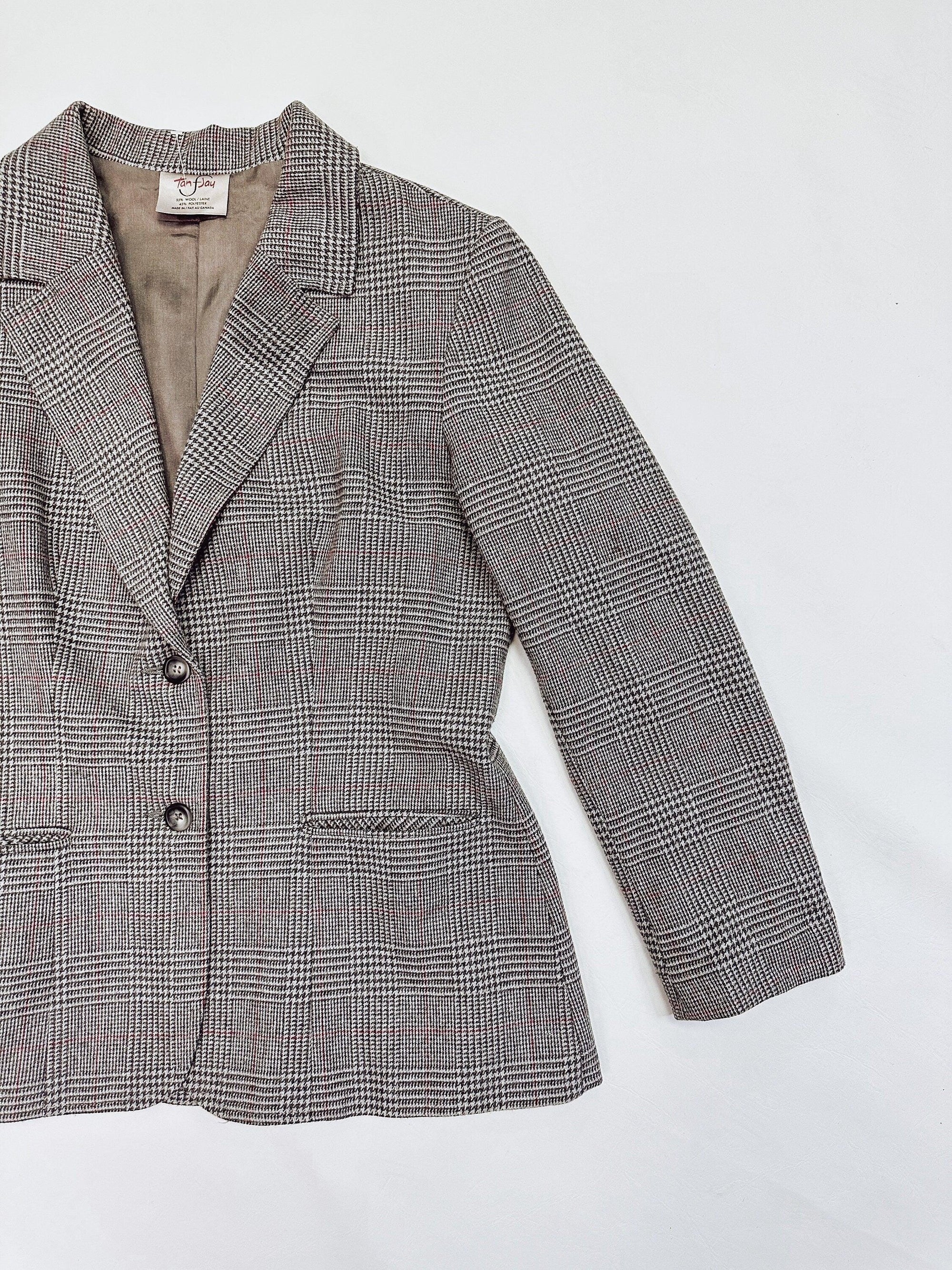 Vintage 70s Grey Wool Plaid Blazer