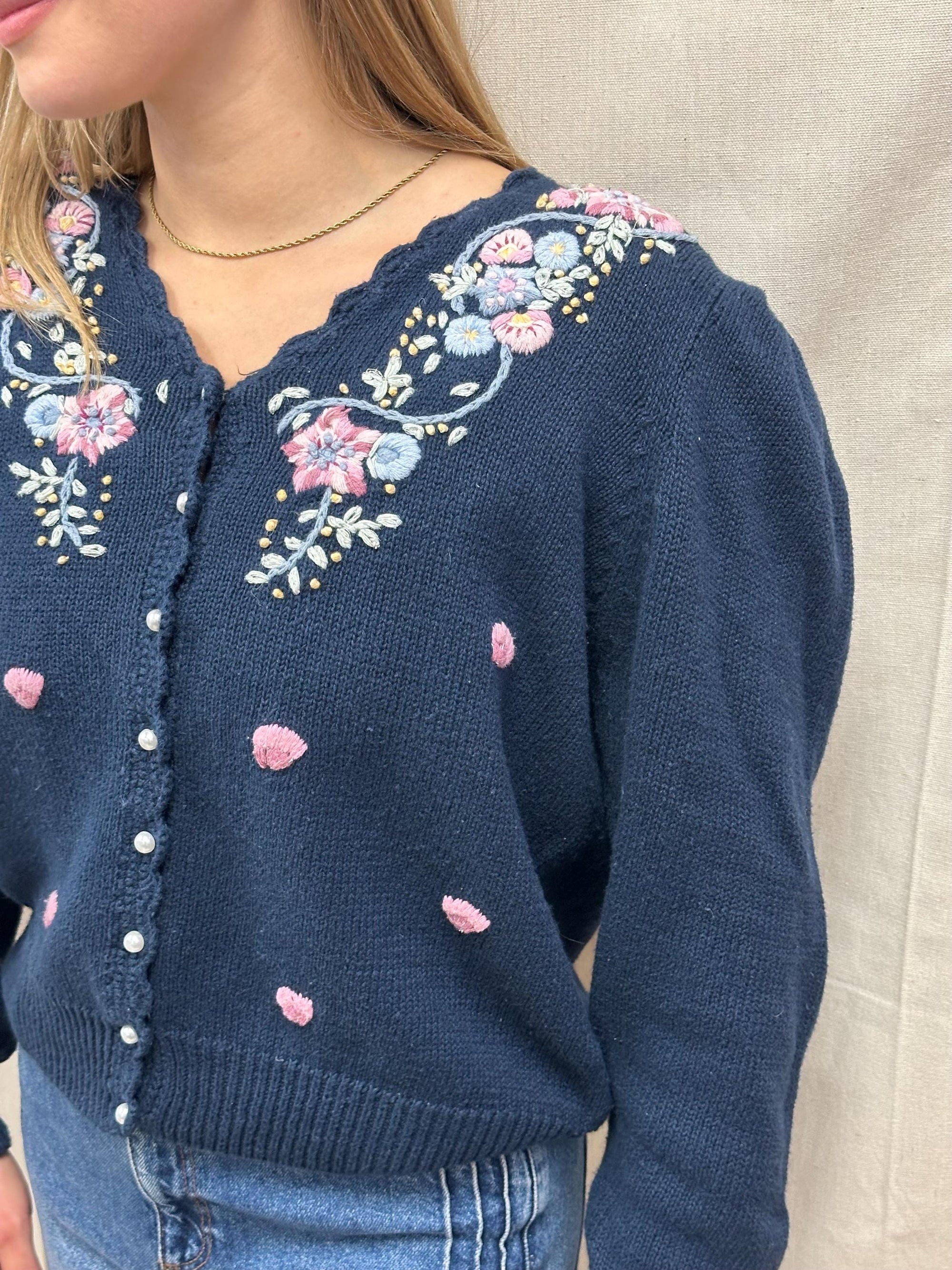 Vintage 80s Navy Flower Embroidered Button Up Cardigan Sweater