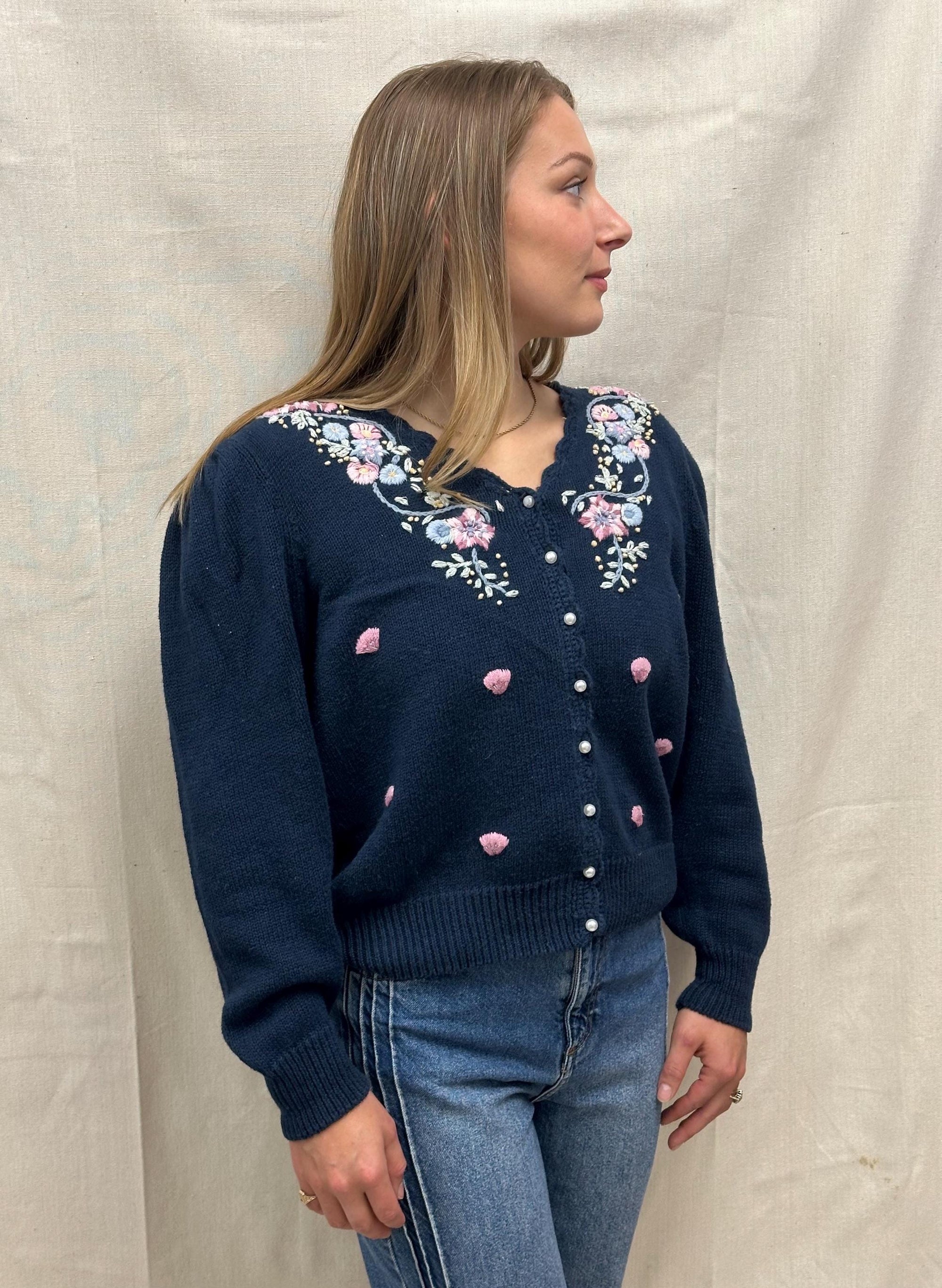 Vintage 80s Navy Flower Embroidered Button Up Cardigan Sweater