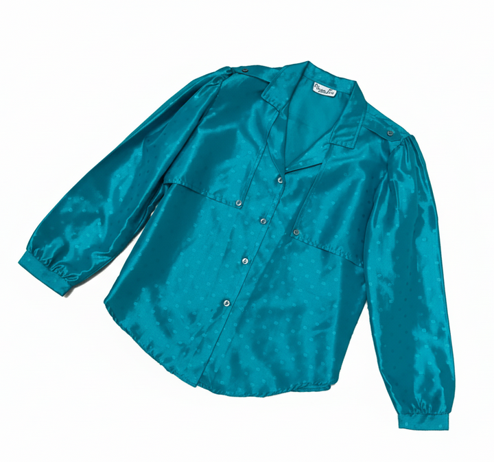 Vintage 80s Shiny Teal Button Up Shirt | Size Medium