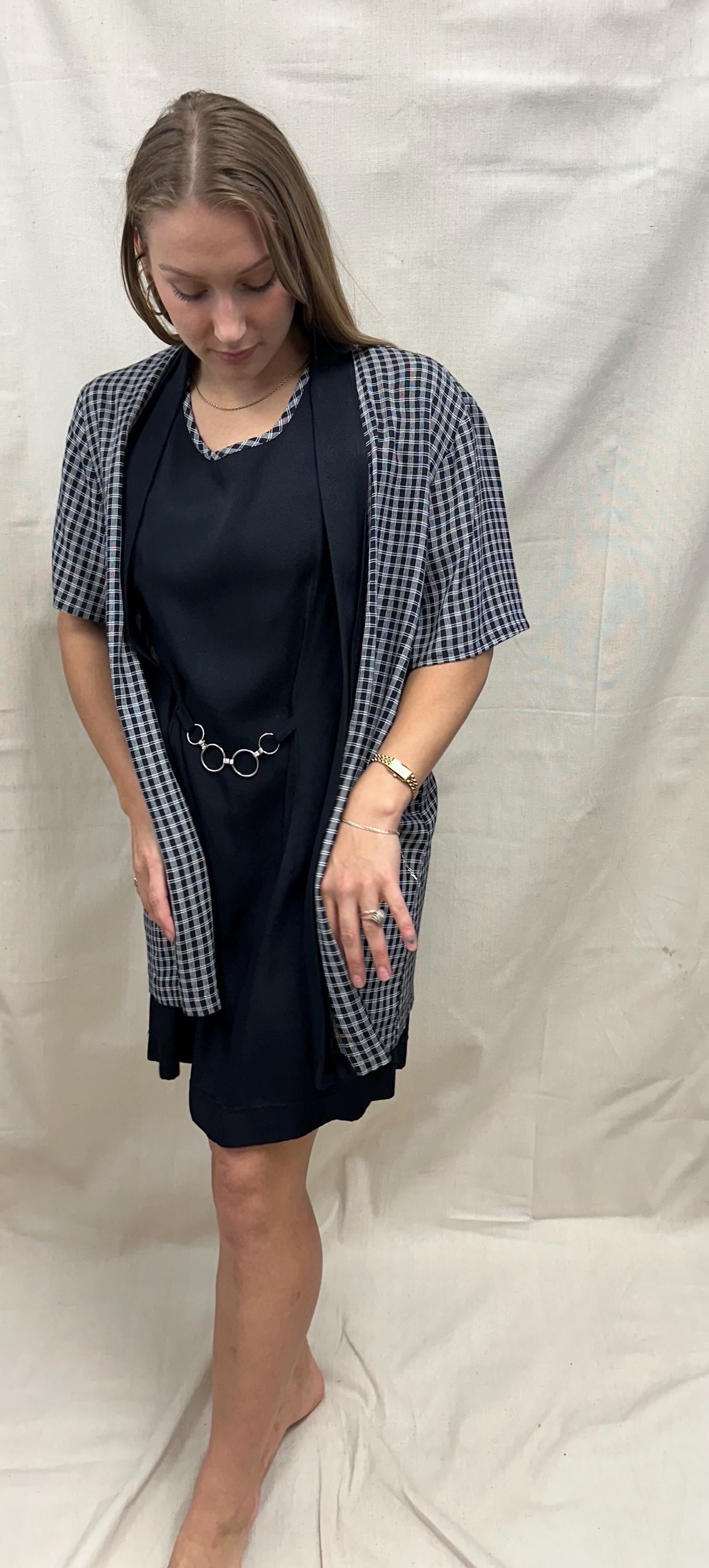 Vintage 90s Two Piece Black Dress With Plaid Cover Up