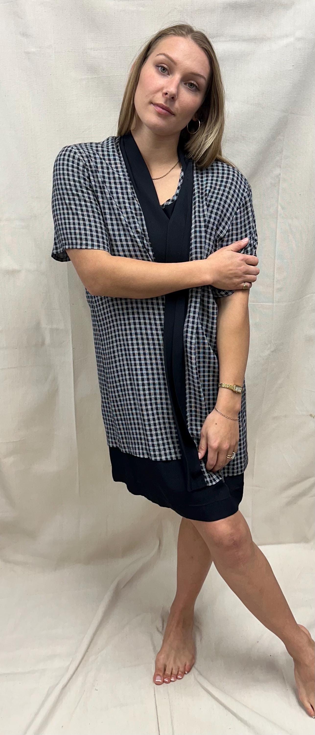 Vintage 90s Two Piece Black Dress With Plaid Cover Up