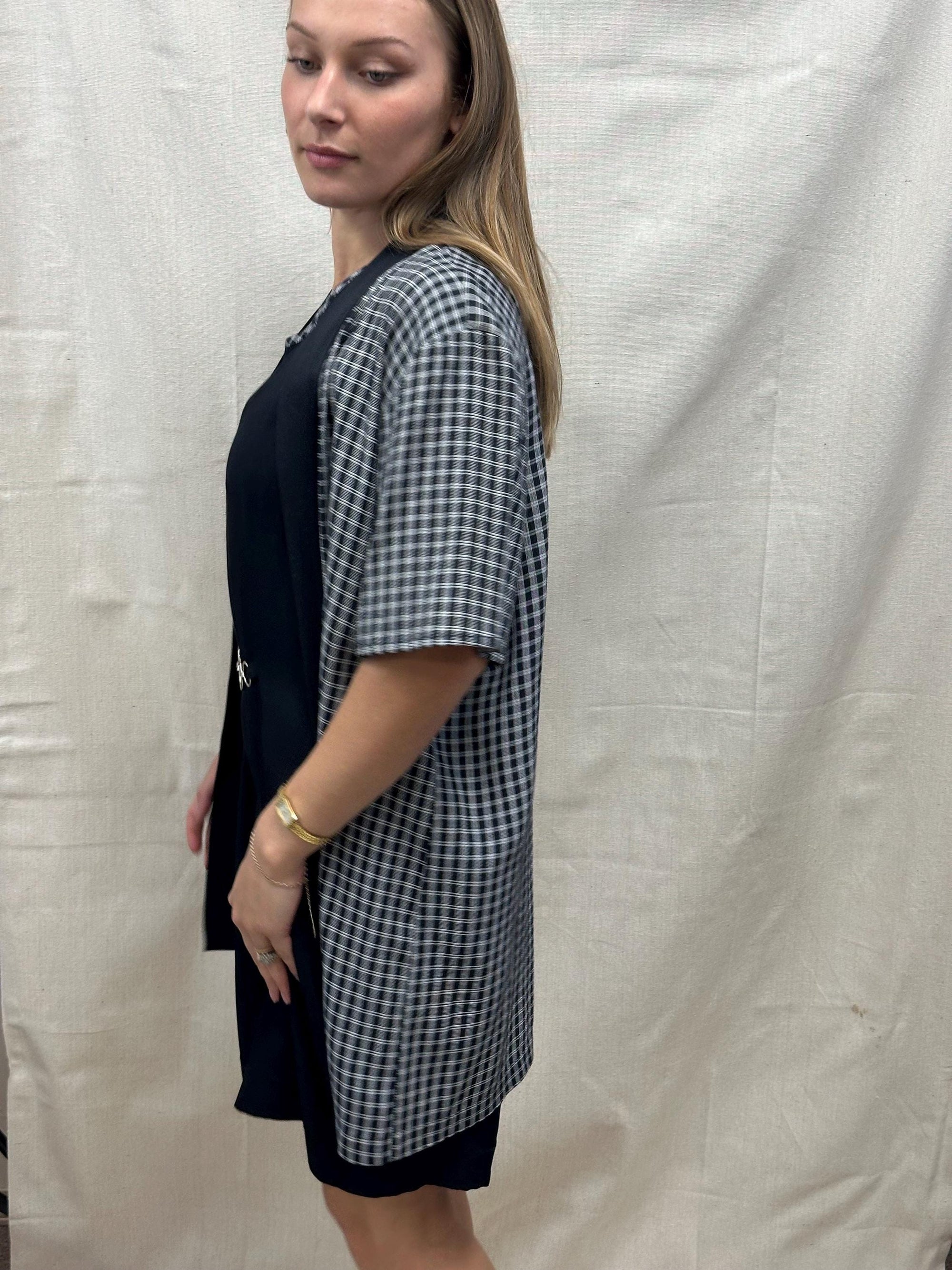 Vintage 90s Two Piece Black Dress With Plaid Cover Up