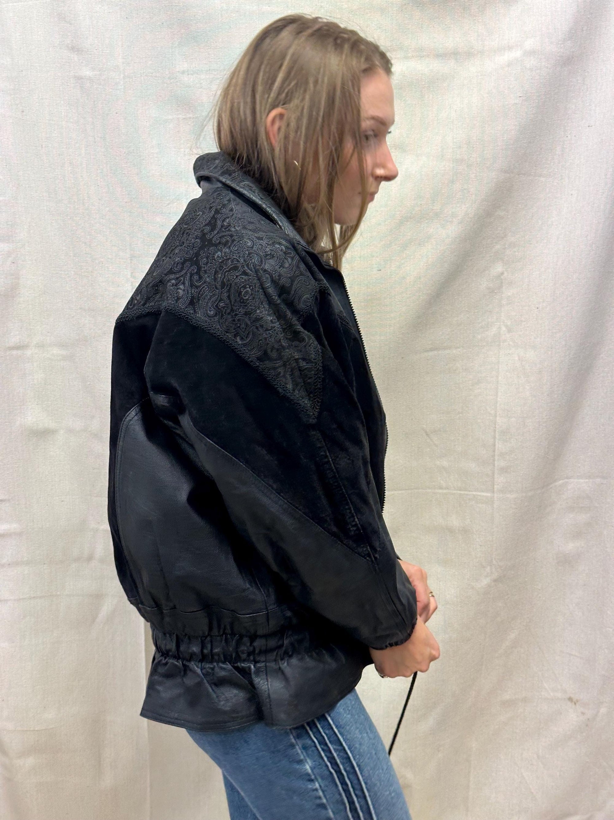 Vintage 80s Black Paisley Leather Suede Bomber Jacket