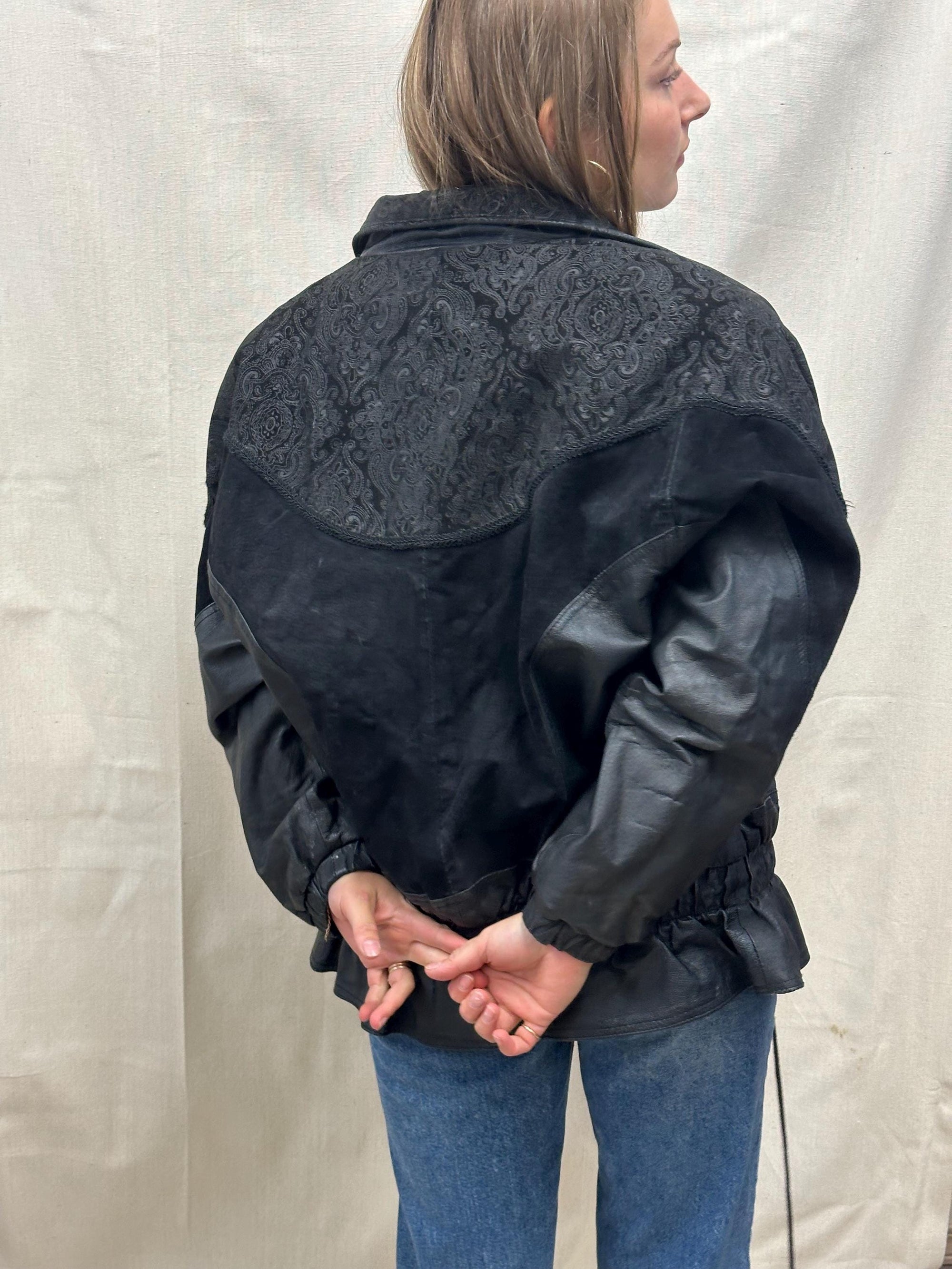 Vintage 80s Black Paisley Leather Suede Bomber Jacket