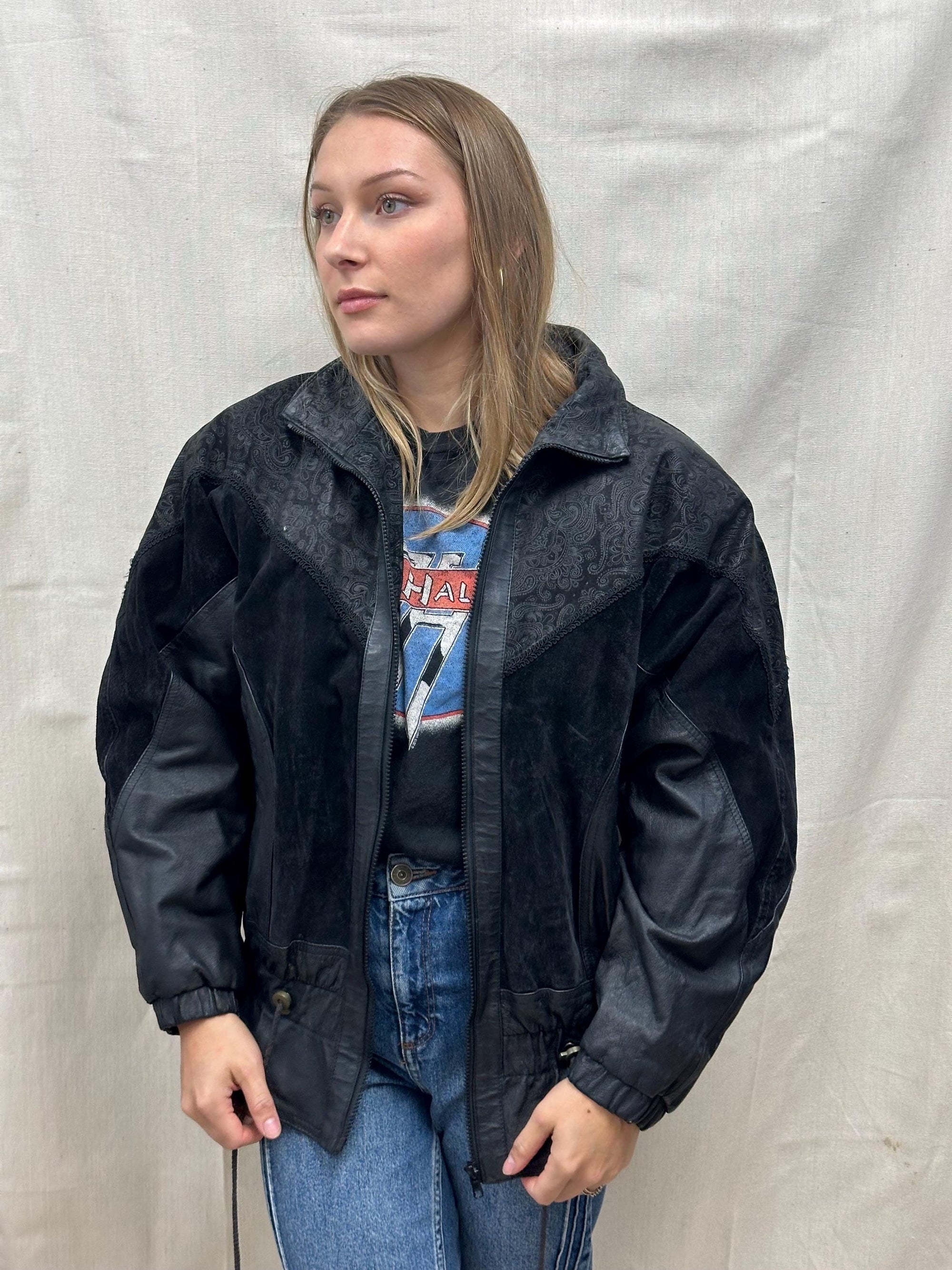 Vintage 80s Black Paisley Leather Suede Bomber Jacket