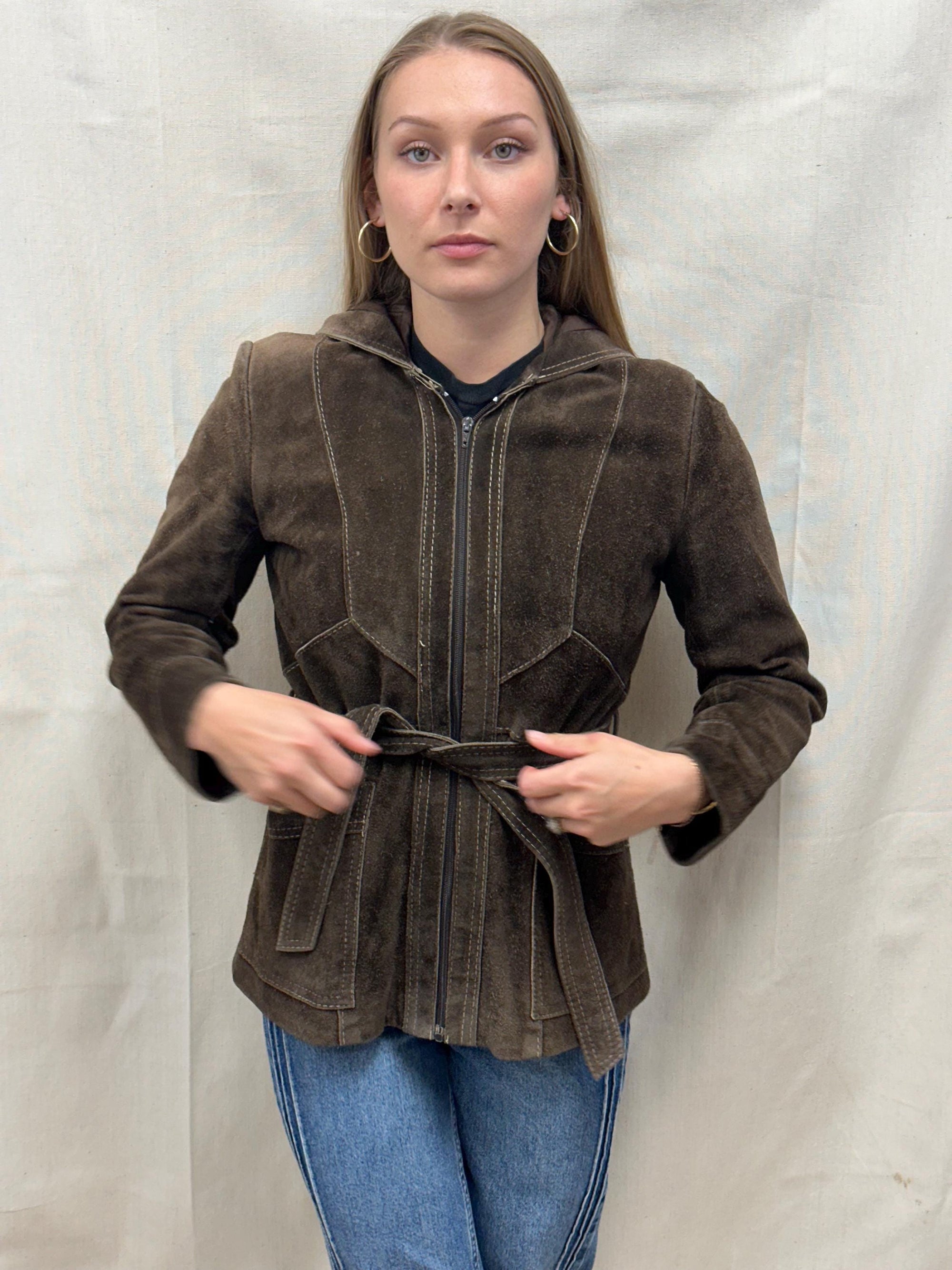 Vintage 70s Brown Suade Tie up Waist Zippered Jacket