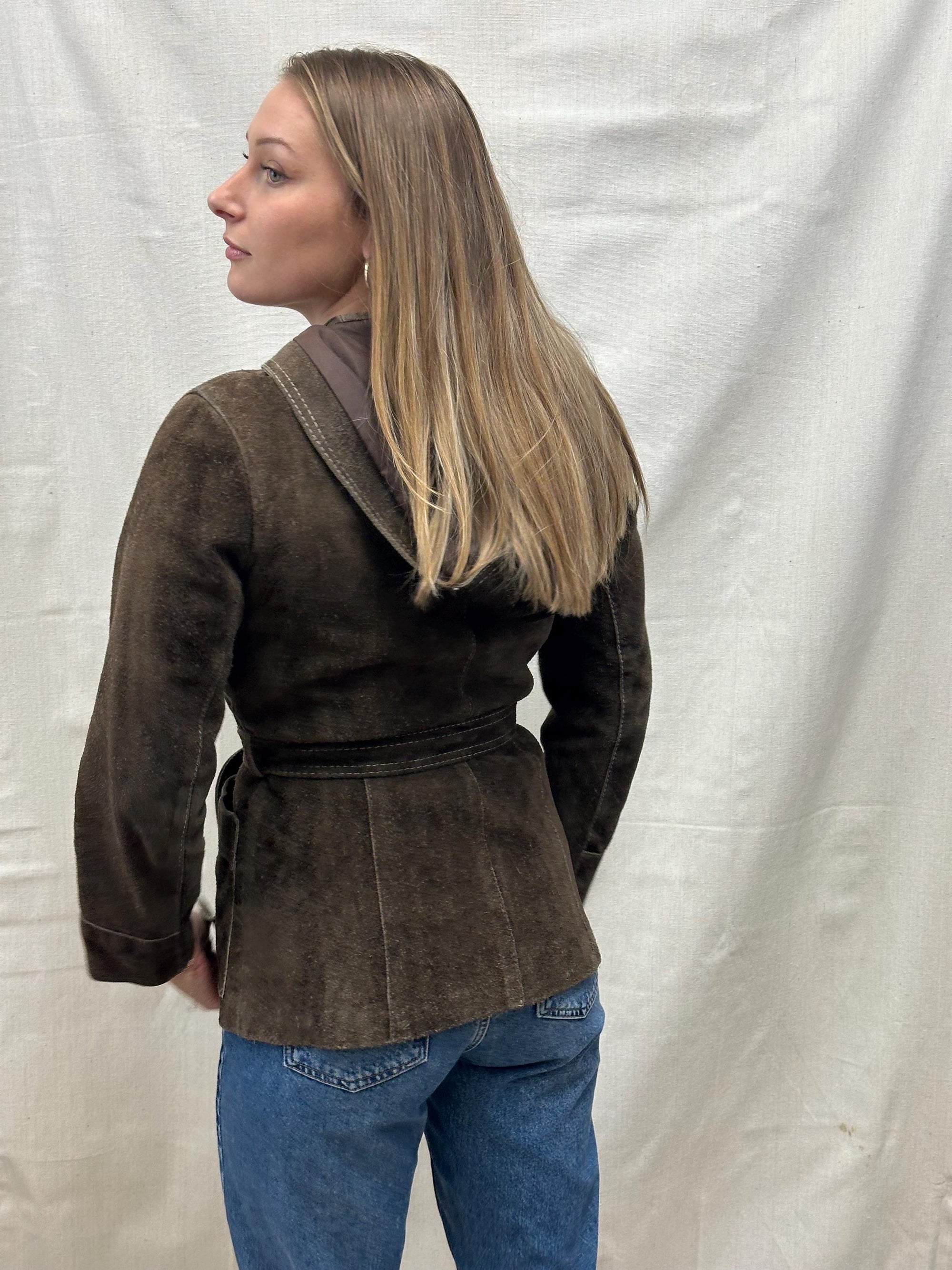 Vintage 70s Brown Suade Tie up Waist Zippered Jacket