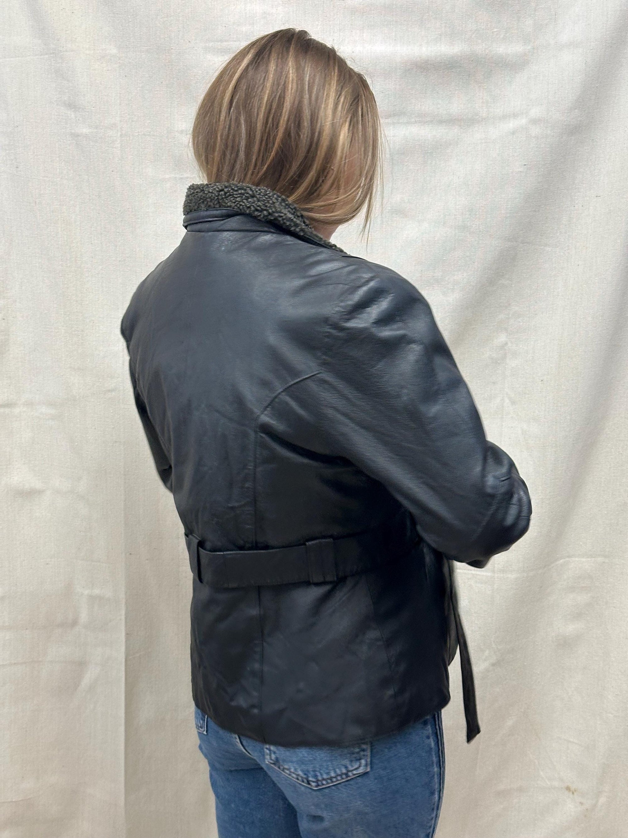 Vintage 90s Black Collared Belted Waist Leatber Jacket