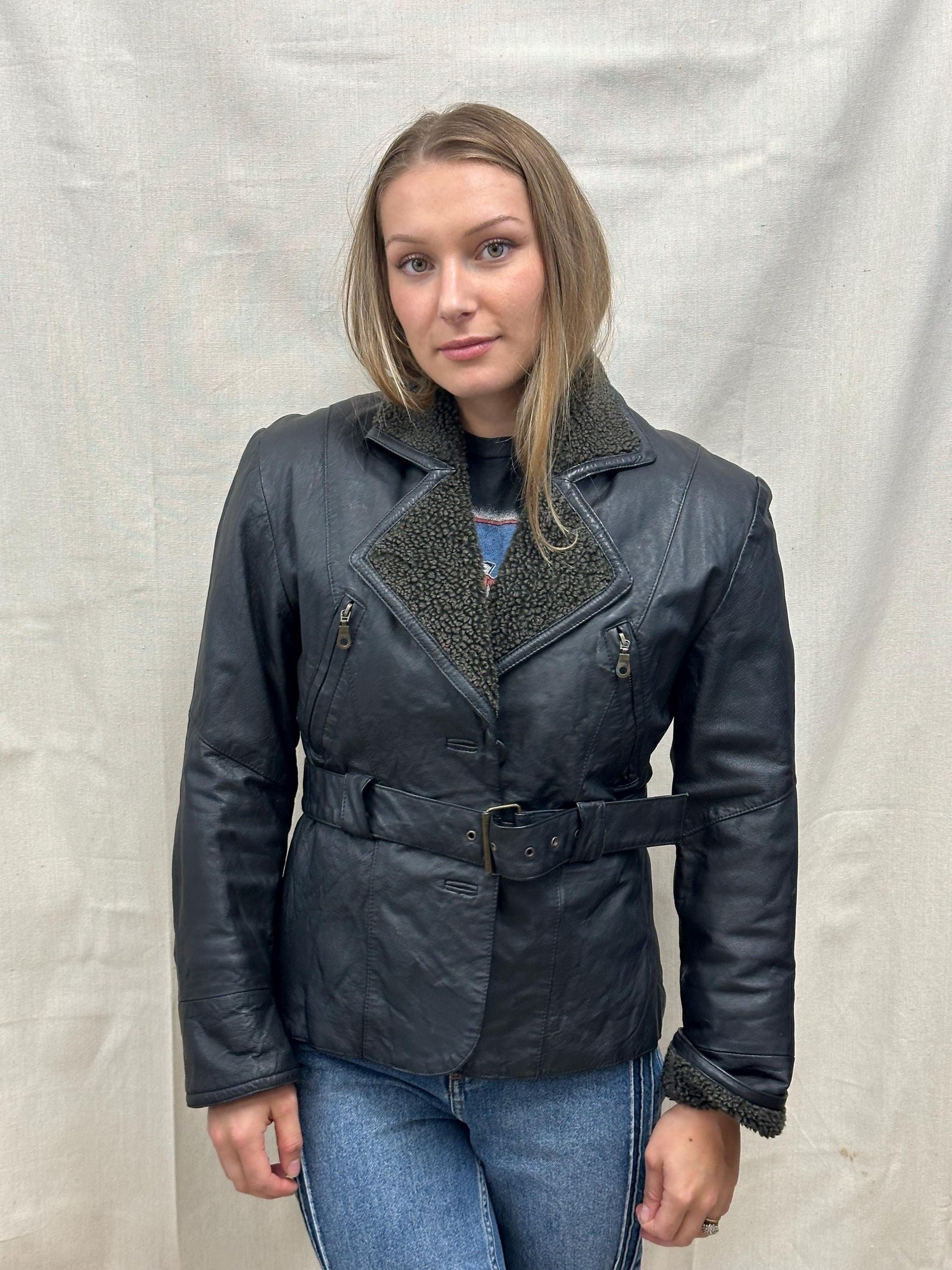 Vintage 90s Black Collared Belted Waist Leatber Jacket