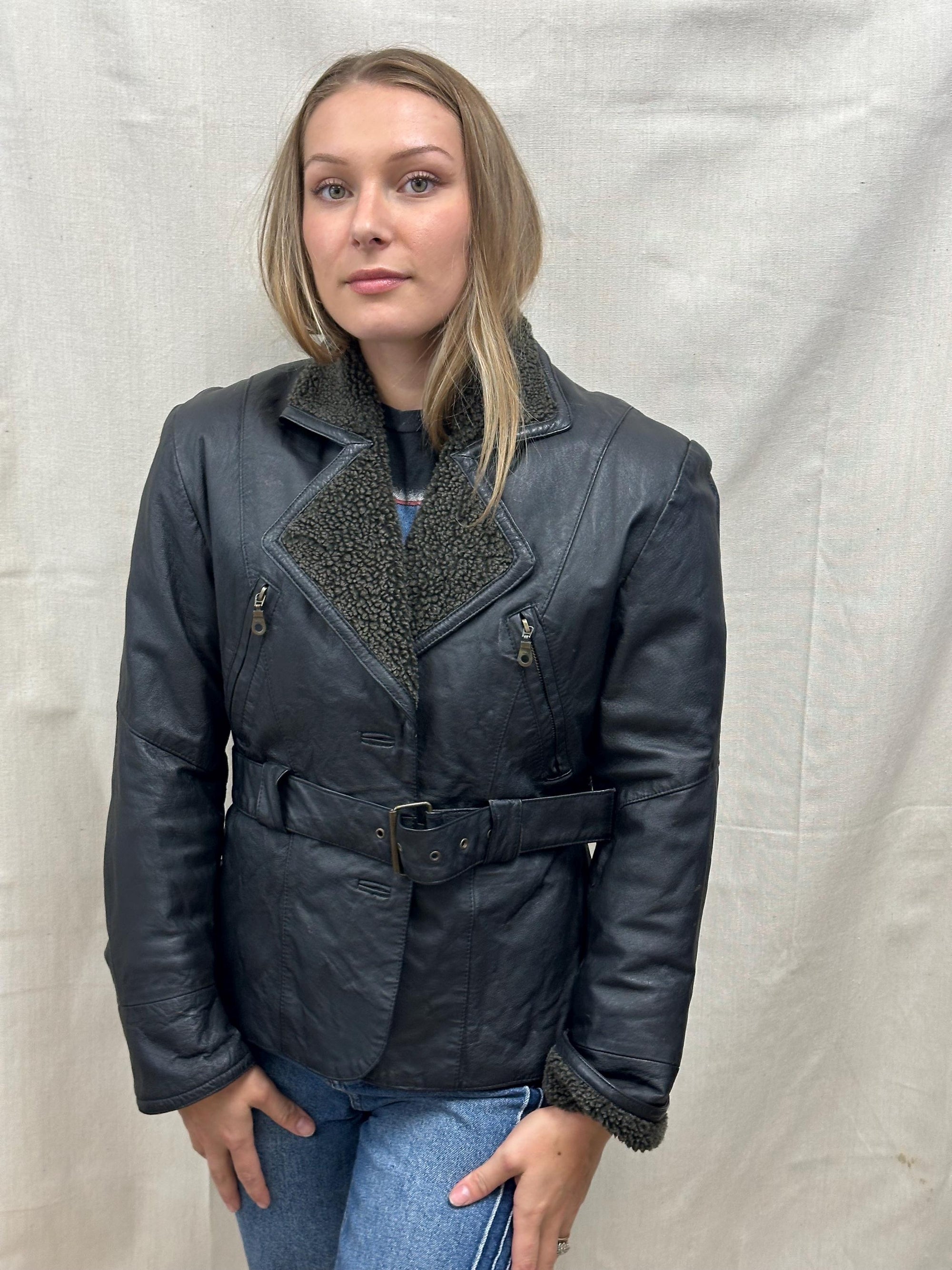 Vintage 90s Black Collared Belted Waist Leatber Jacket